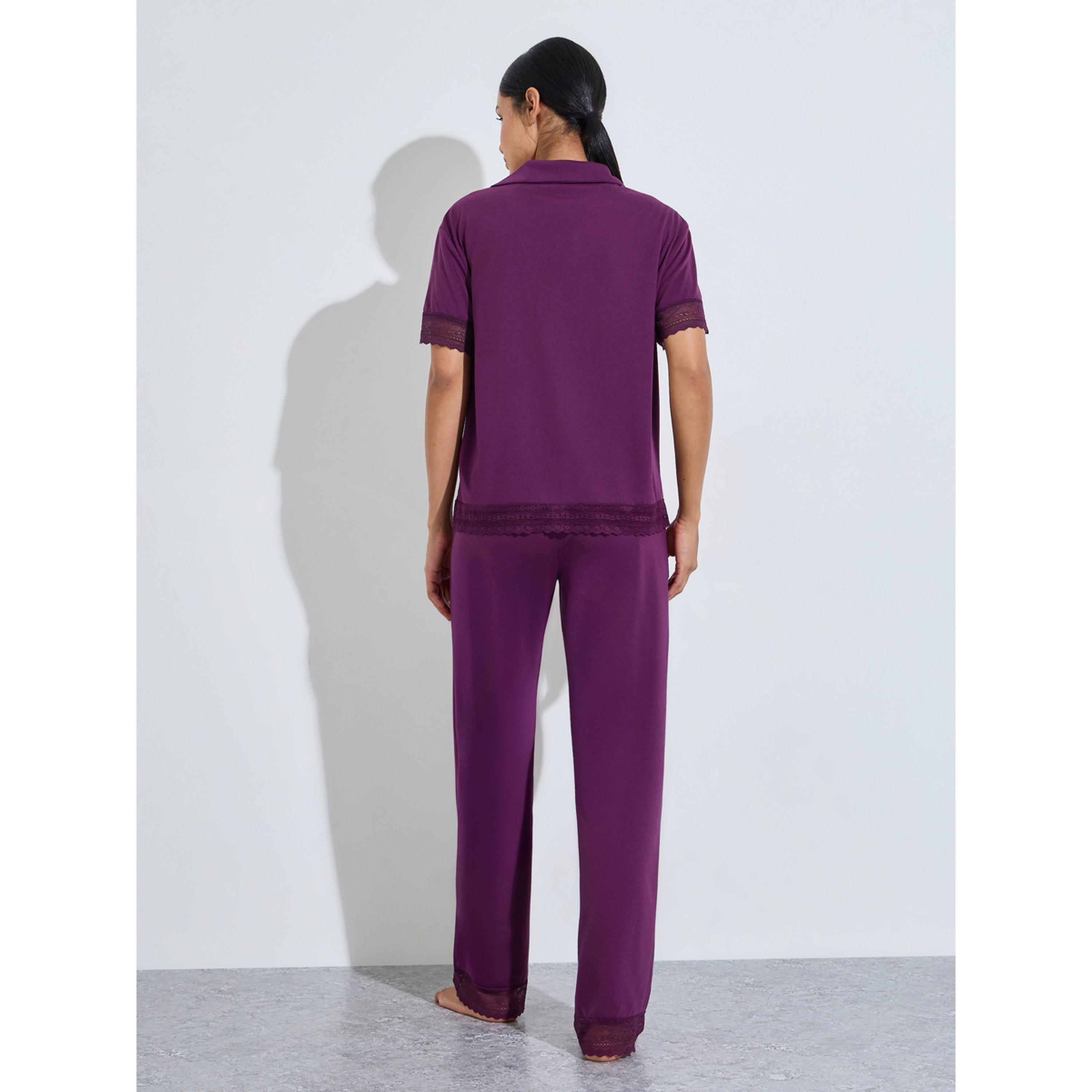 ستايلي - بيجاما قميص وبنطال مستقيم الساقين لون عنابي سادة زينة الدانتيل-women-clothing-nightwear-pyjamas-longsets-image-2