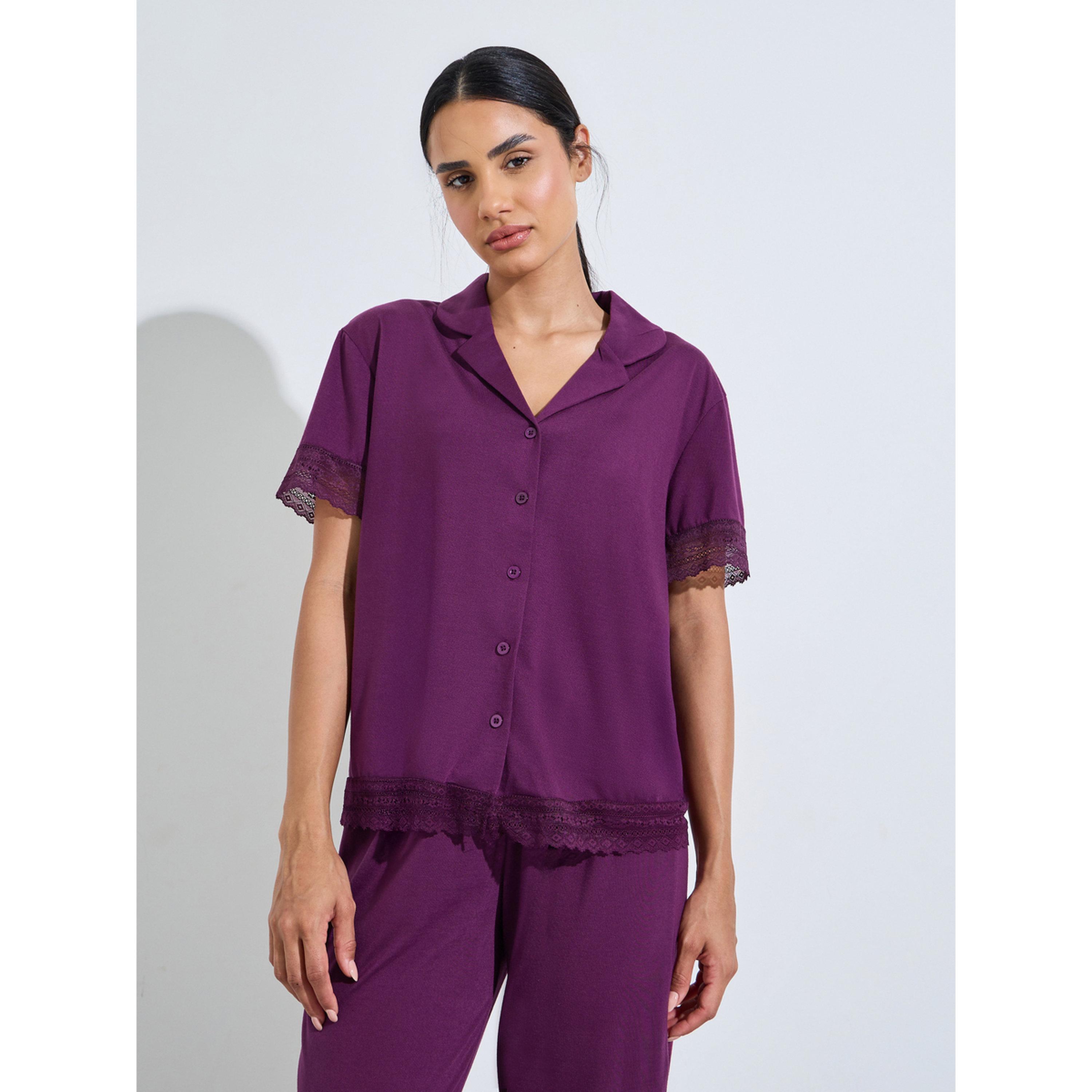 ستايلي - بيجاما قميص وبنطال مستقيم الساقين لون عنابي سادة زينة الدانتيل-women-clothing-nightwear-pyjamas-longsets-image-3