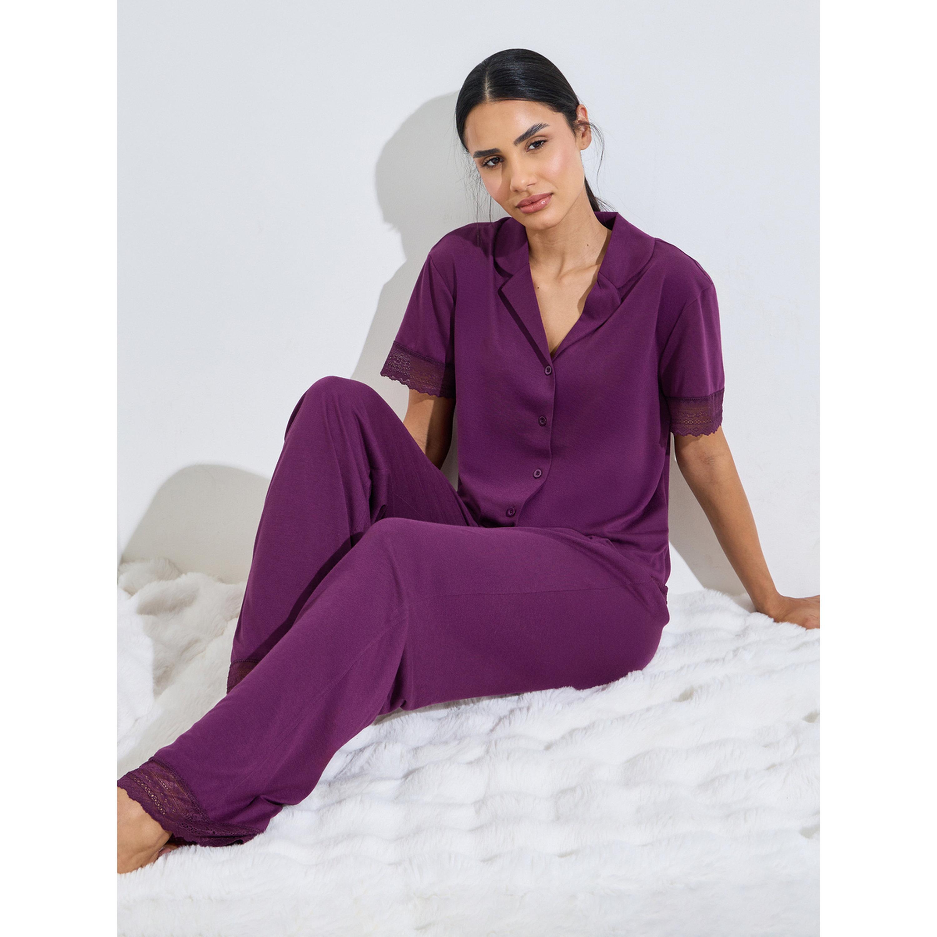 ستايلي - بيجاما قميص وبنطال مستقيم الساقين لون عنابي سادة زينة الدانتيل-women-clothing-nightwear-pyjamas-longsets-image-4