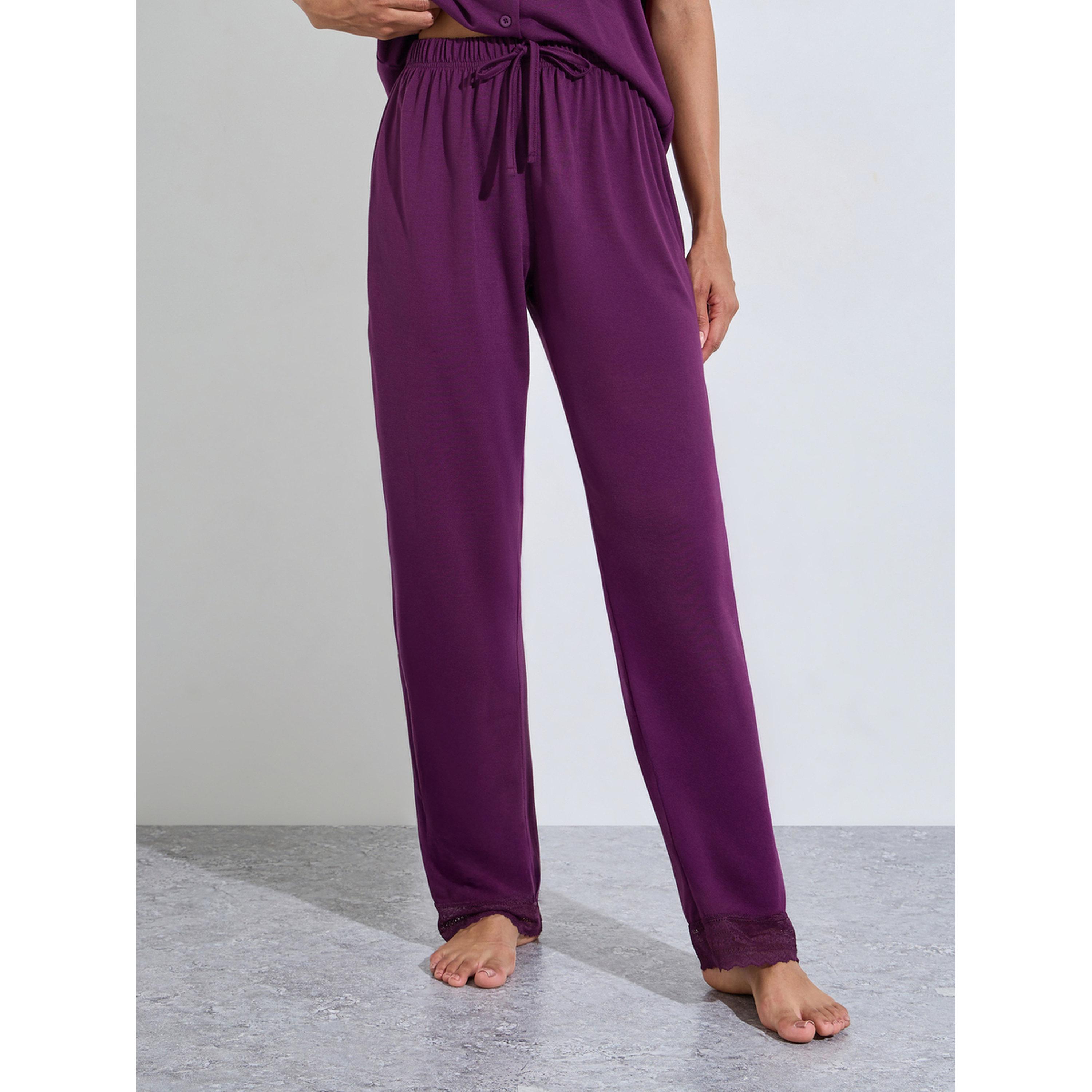 ستايلي - بيجاما قميص وبنطال مستقيم الساقين لون عنابي سادة زينة الدانتيل-women-clothing-nightwear-pyjamas-longsets-image-5