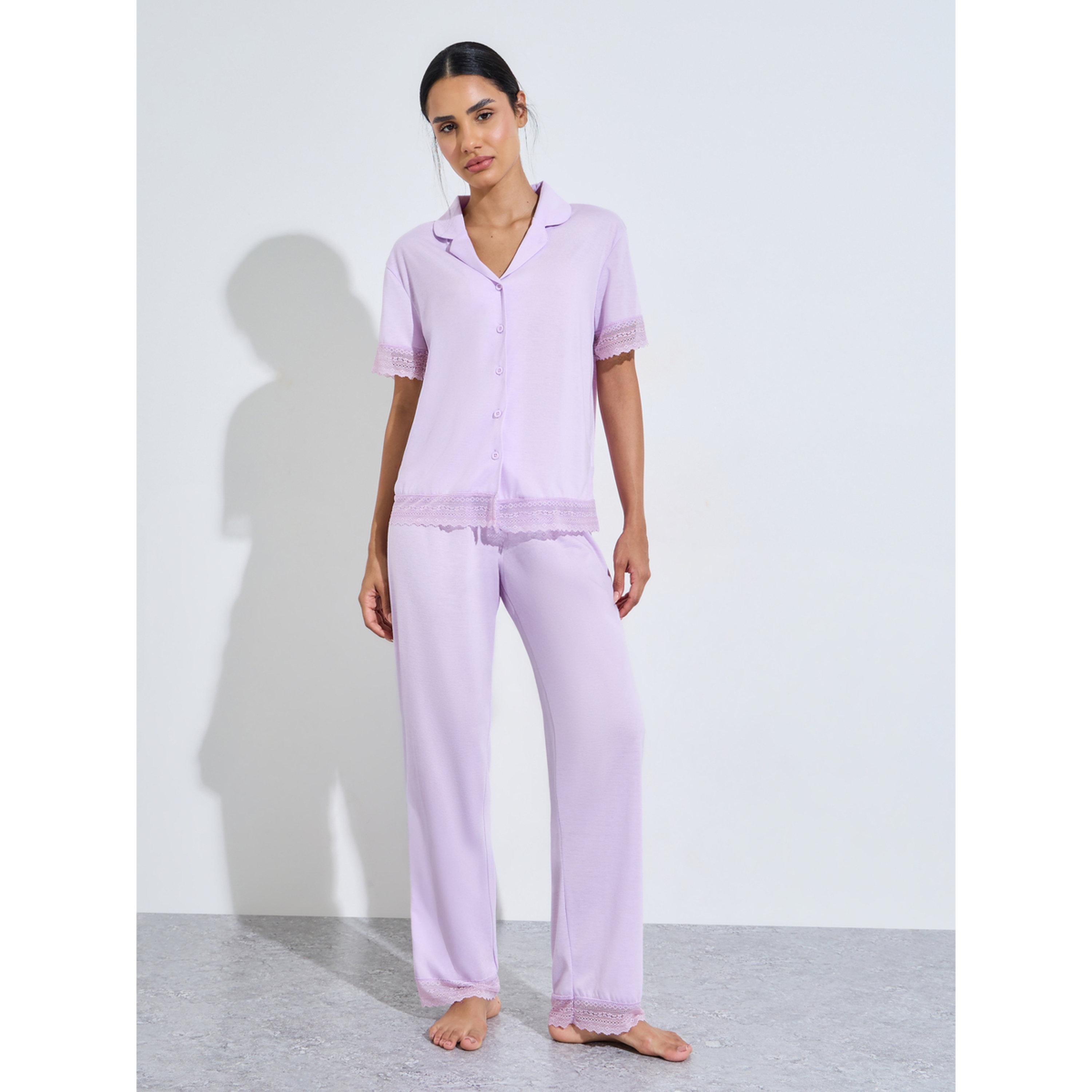 Styli Lilac Solid Lace Trims Shirt and Straight Leg Pants Pyjama Set-women-clothing-nightwear-pyjamas-longsets-image-1
