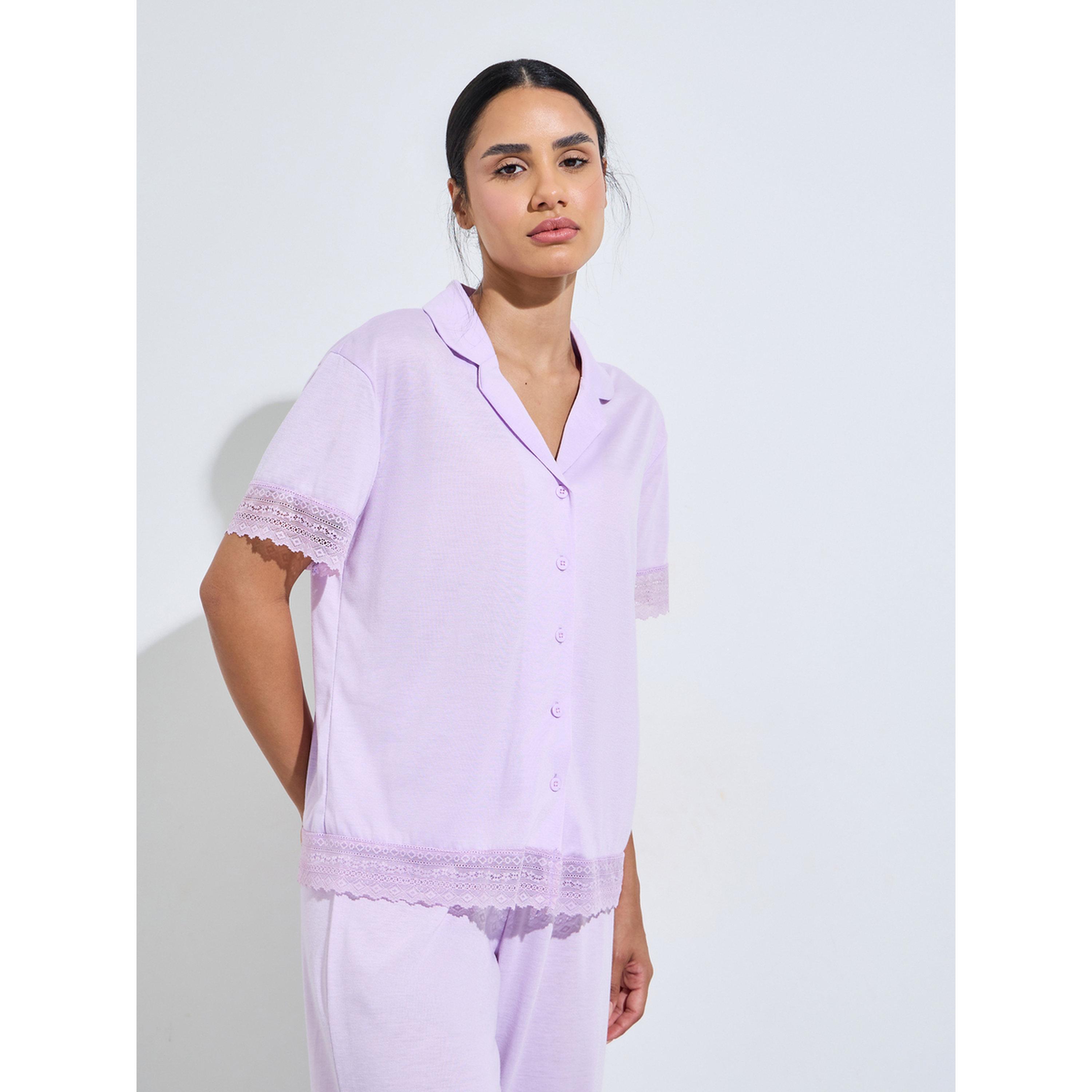 Styli Lilac Solid Lace Trims Shirt and Straight Leg Pants Pyjama Set-women-clothing-nightwear-pyjamas-longsets-image-2