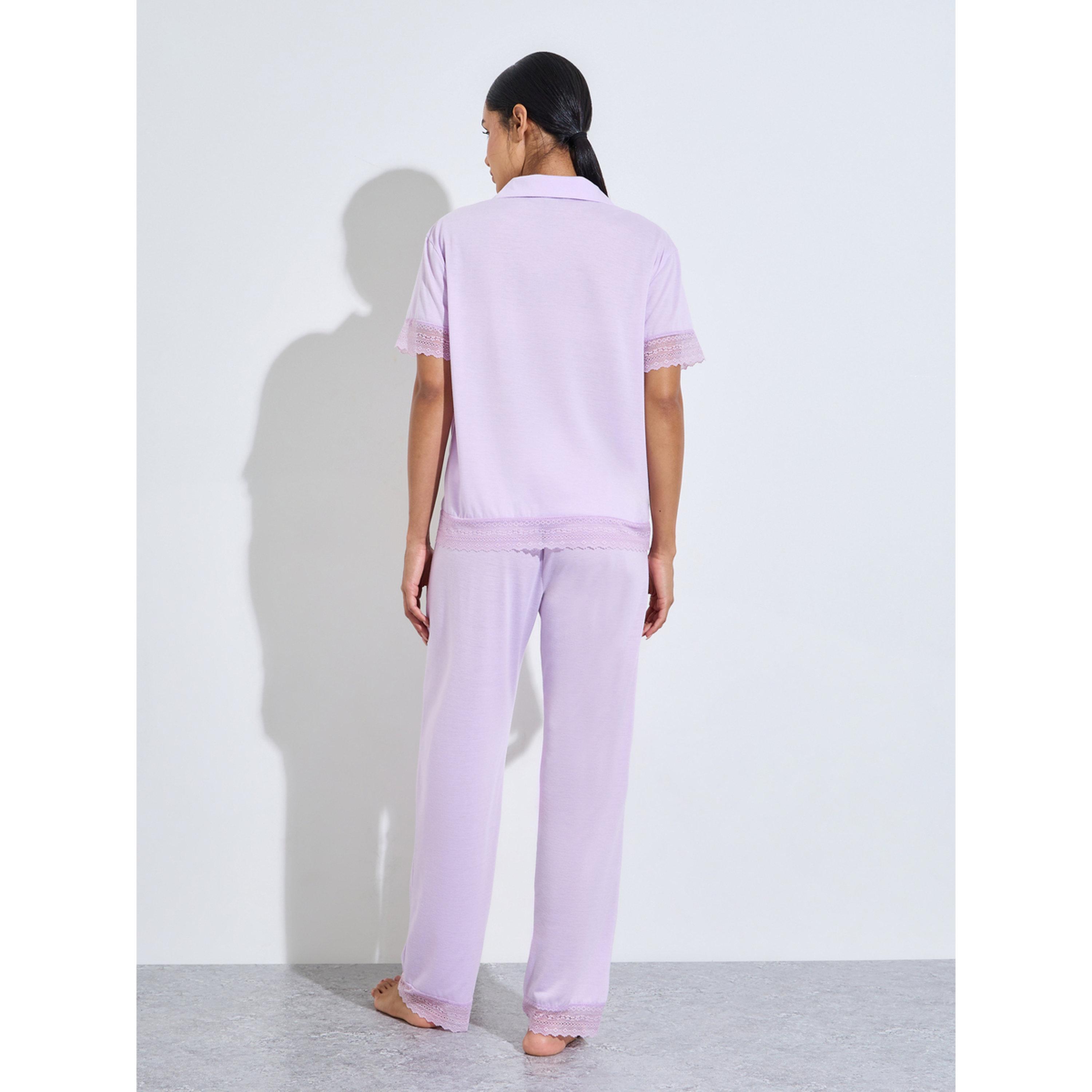 Styli Lilac Solid Lace Trims Shirt and Straight Leg Pants Pyjama Set-women-clothing-nightwear-pyjamas-longsets-image-3