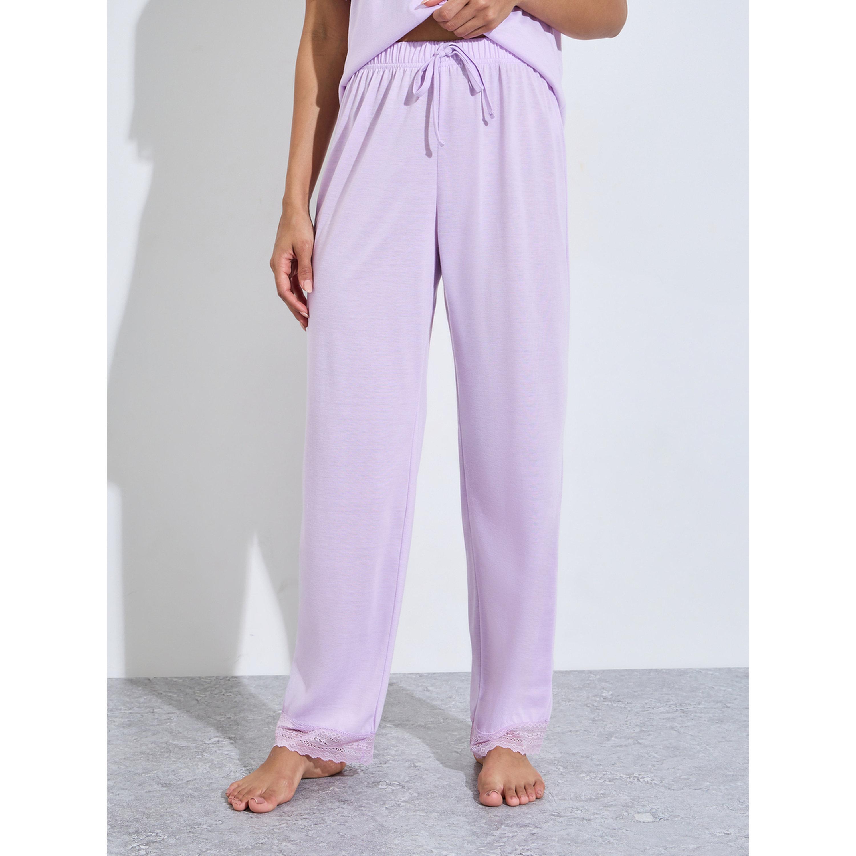 Styli Lilac Solid Lace Trims Shirt and Straight Leg Pants Pyjama Set-women-clothing-nightwear-pyjamas-longsets-image-4
