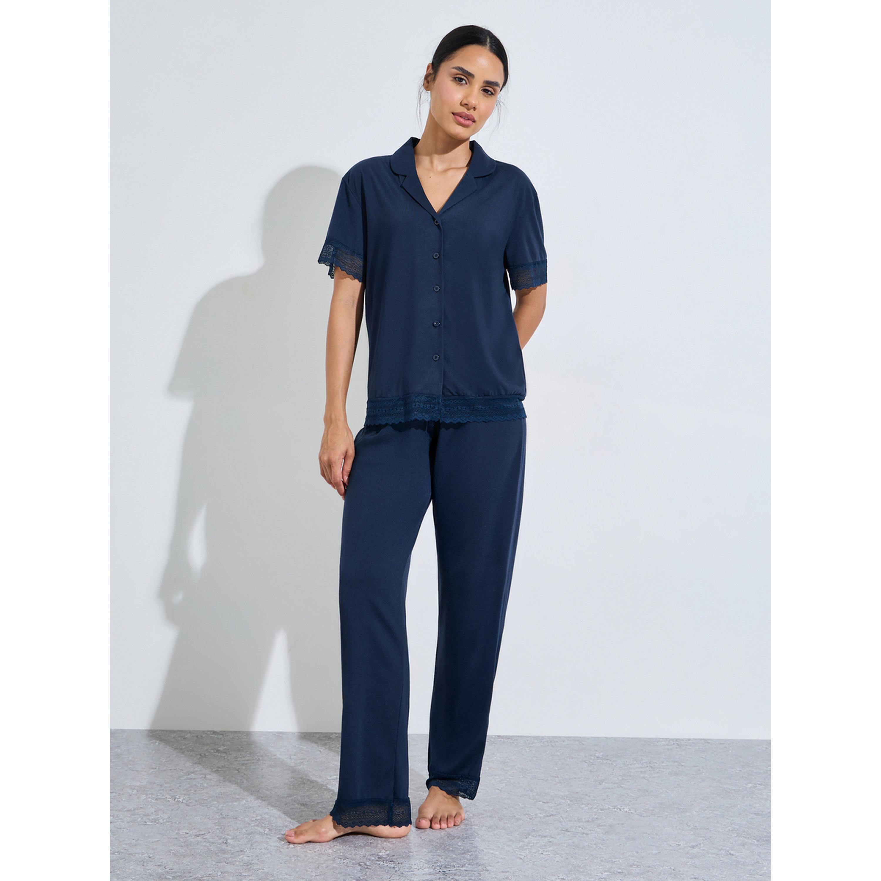 ستايلي - بيجاما أزرق داكن سادة زينة الدانتيل وبنطال بقصة مستقيمة-women-clothing-nightwear-pyjamas-longsets-image-1