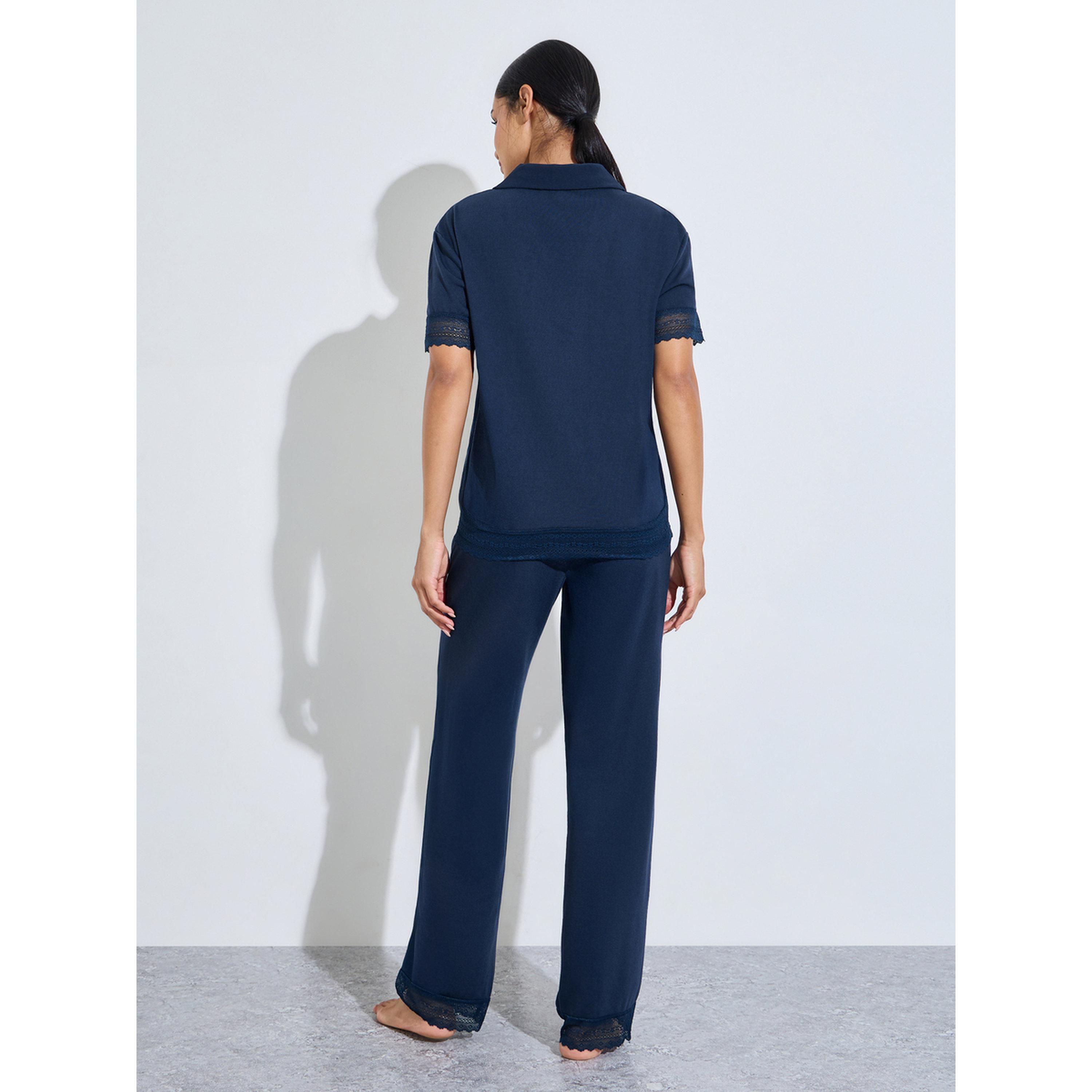 ستايلي - بيجاما أزرق داكن سادة زينة الدانتيل وبنطال بقصة مستقيمة-women-clothing-nightwear-pyjamas-longsets-image-2