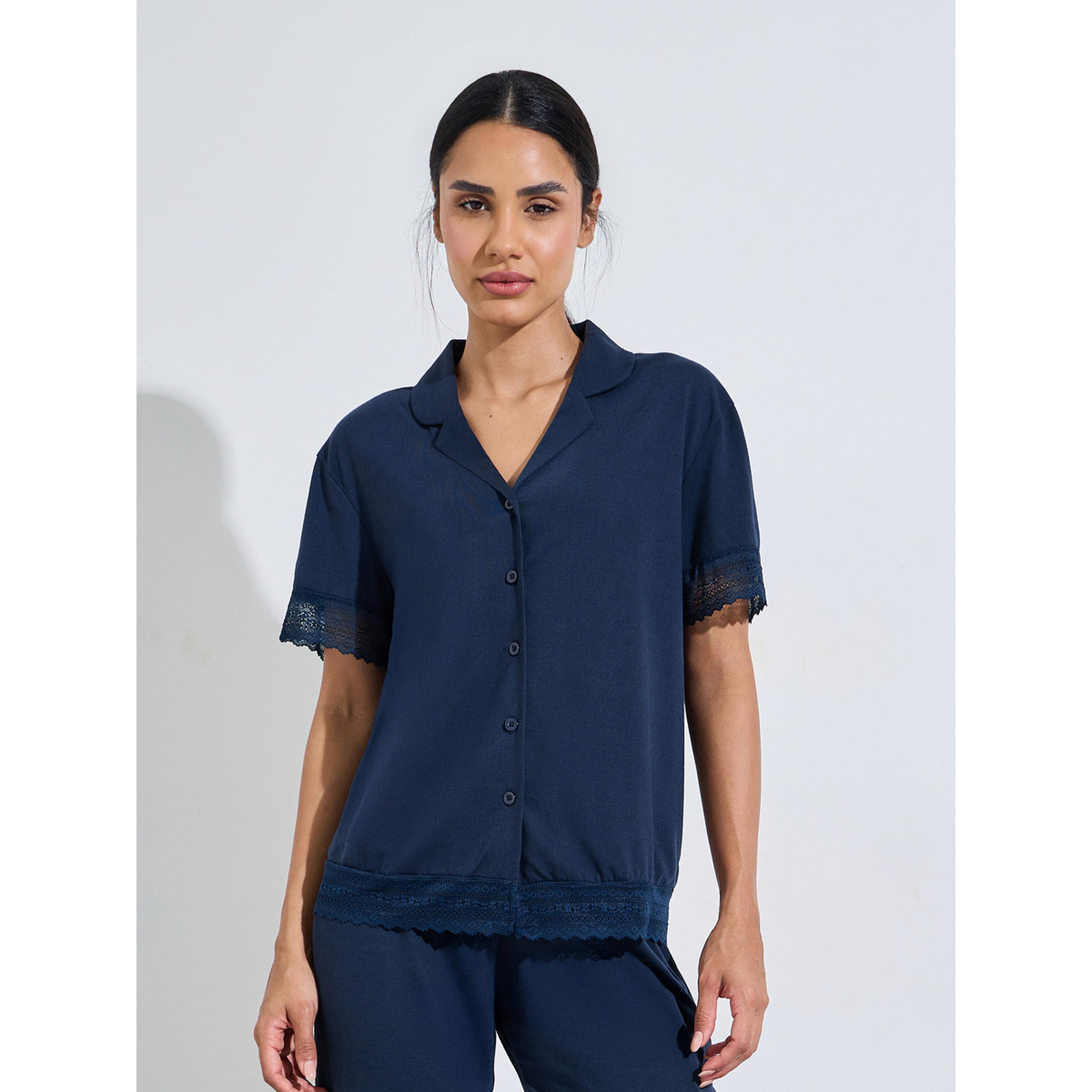 ستايلي - بيجاما أزرق داكن سادة زينة الدانتيل وبنطال بقصة مستقيمة-women-clothing-nightwear-pyjamas-longsets-image-3