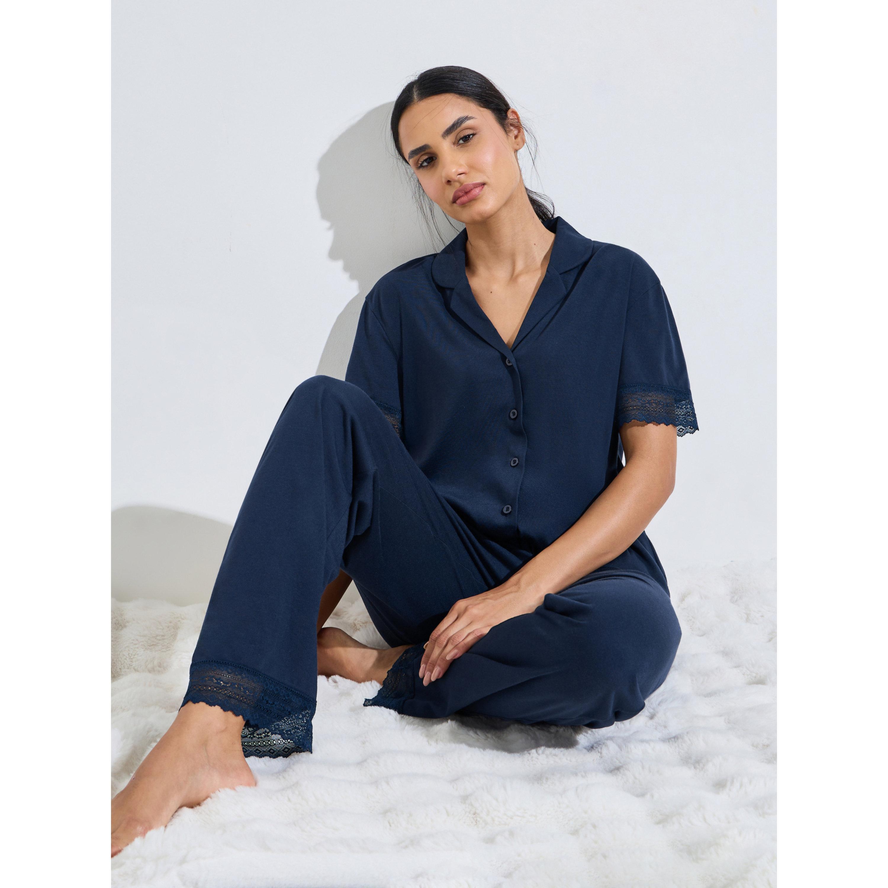 ستايلي - بيجاما أزرق داكن سادة زينة الدانتيل وبنطال بقصة مستقيمة-women-clothing-nightwear-pyjamas-longsets-image-4