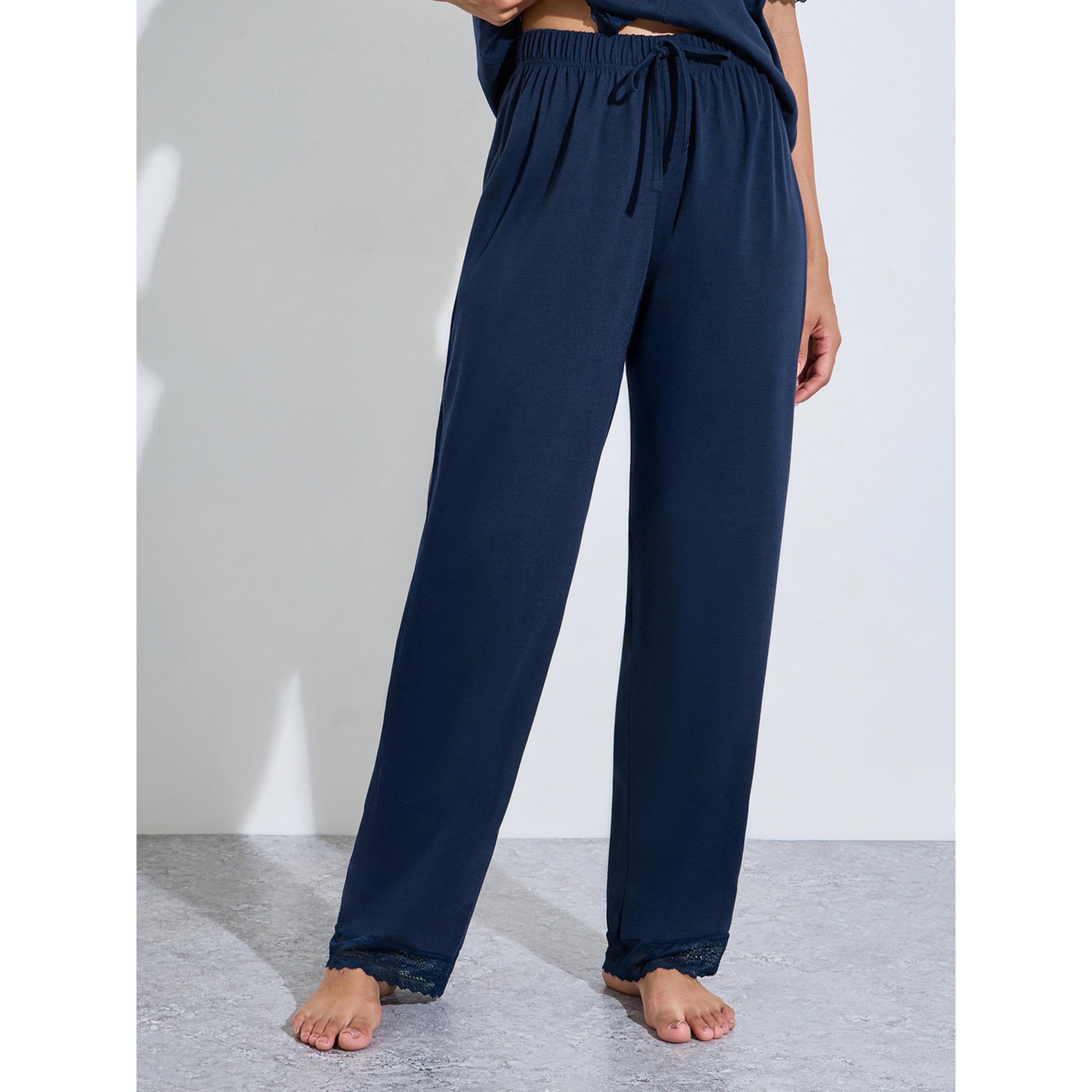 ستايلي - بيجاما أزرق داكن سادة زينة الدانتيل وبنطال بقصة مستقيمة-women-clothing-nightwear-pyjamas-longsets-image-5