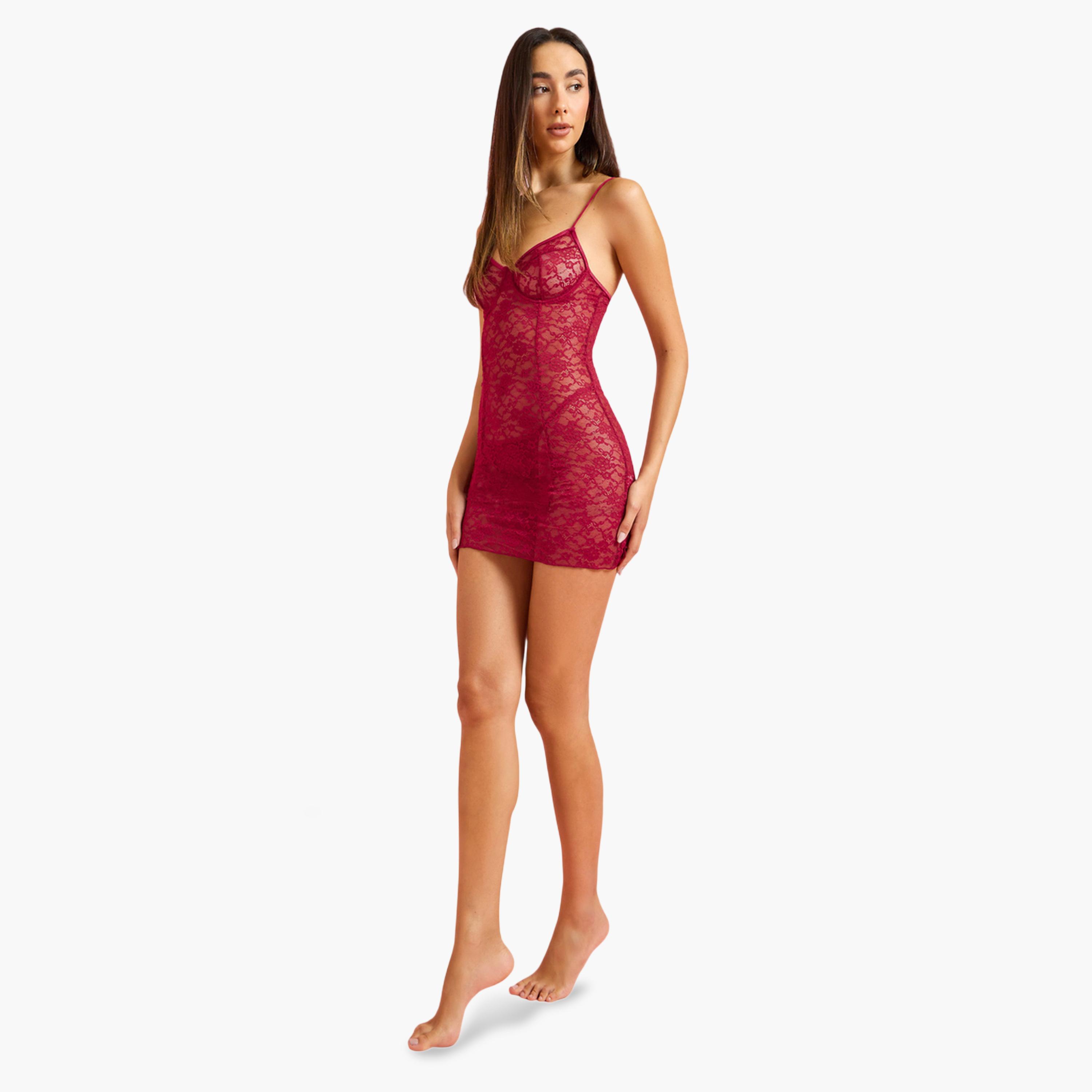 ستايلي - فستان داخلي بورغندي مزين بالدانتيل الزهري الشبكي مع سلك داخلي-women-clothing-lingerie-lingeriesets-image-2