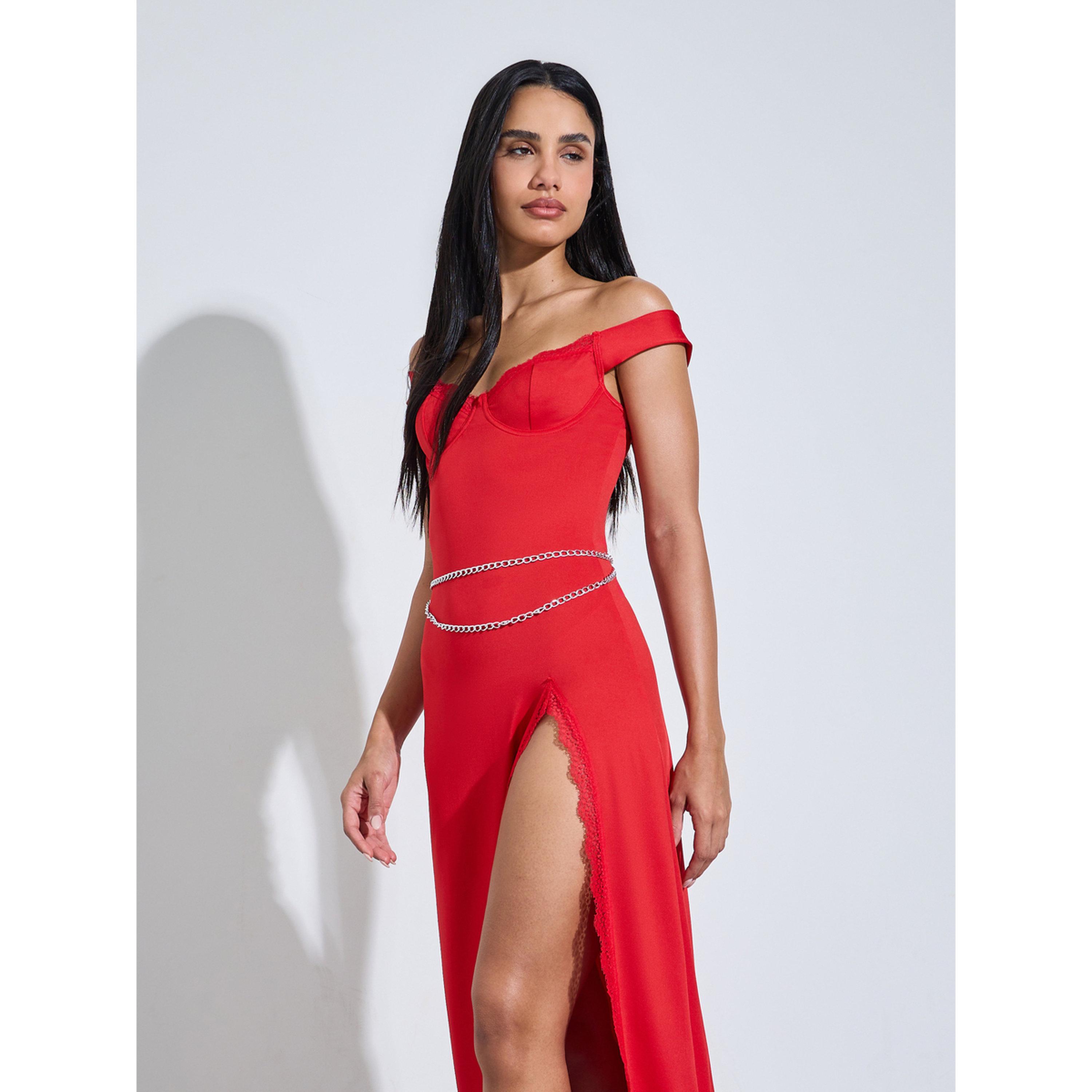 فستان سليم بسروال داخلي وتفاصيل دانتيل وشق أمامي مرتفع وسلسلة معدنية حول الخصر-women-clothing-lingerie-lingeriesets-image-2