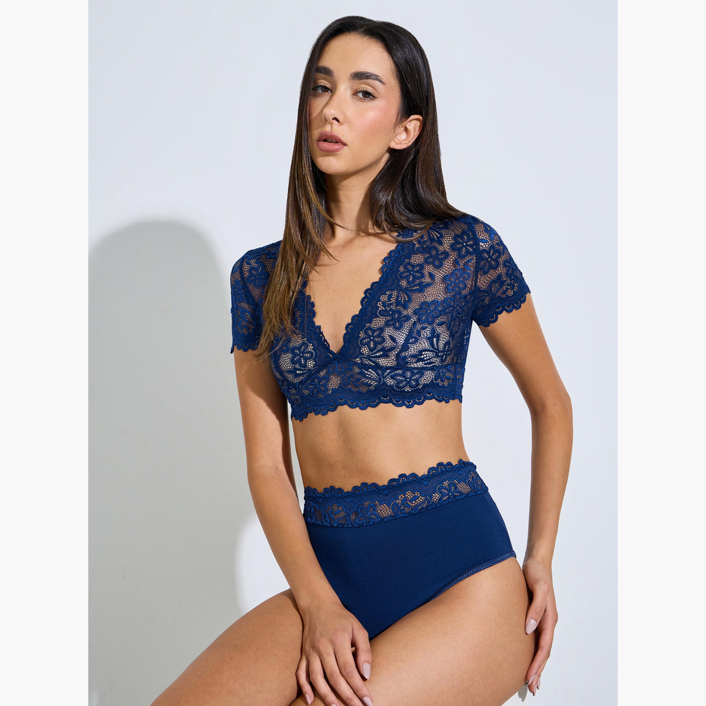 ستايلي - طقم توب قصير بفتحة صدر عميقة من الدانتيل الزهري وسروال داخلي كامل-women-clothing-lingerie-lingeriesets-image-2