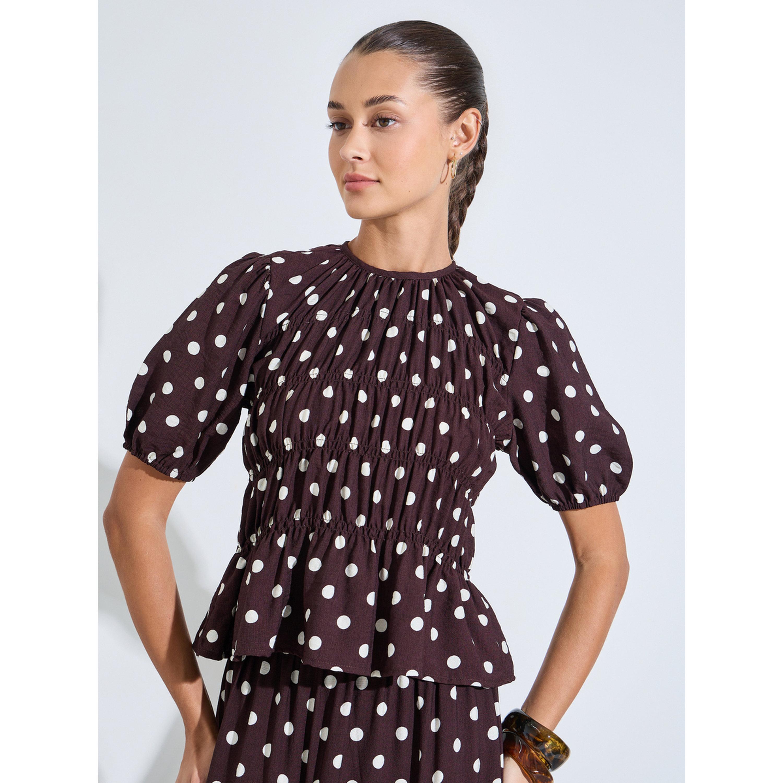 ستيلي بلوزة بنية بنقشة منقطة وتفاصيل مكشكشة-women-clothing-shirtsandblouses-blouses-image-3