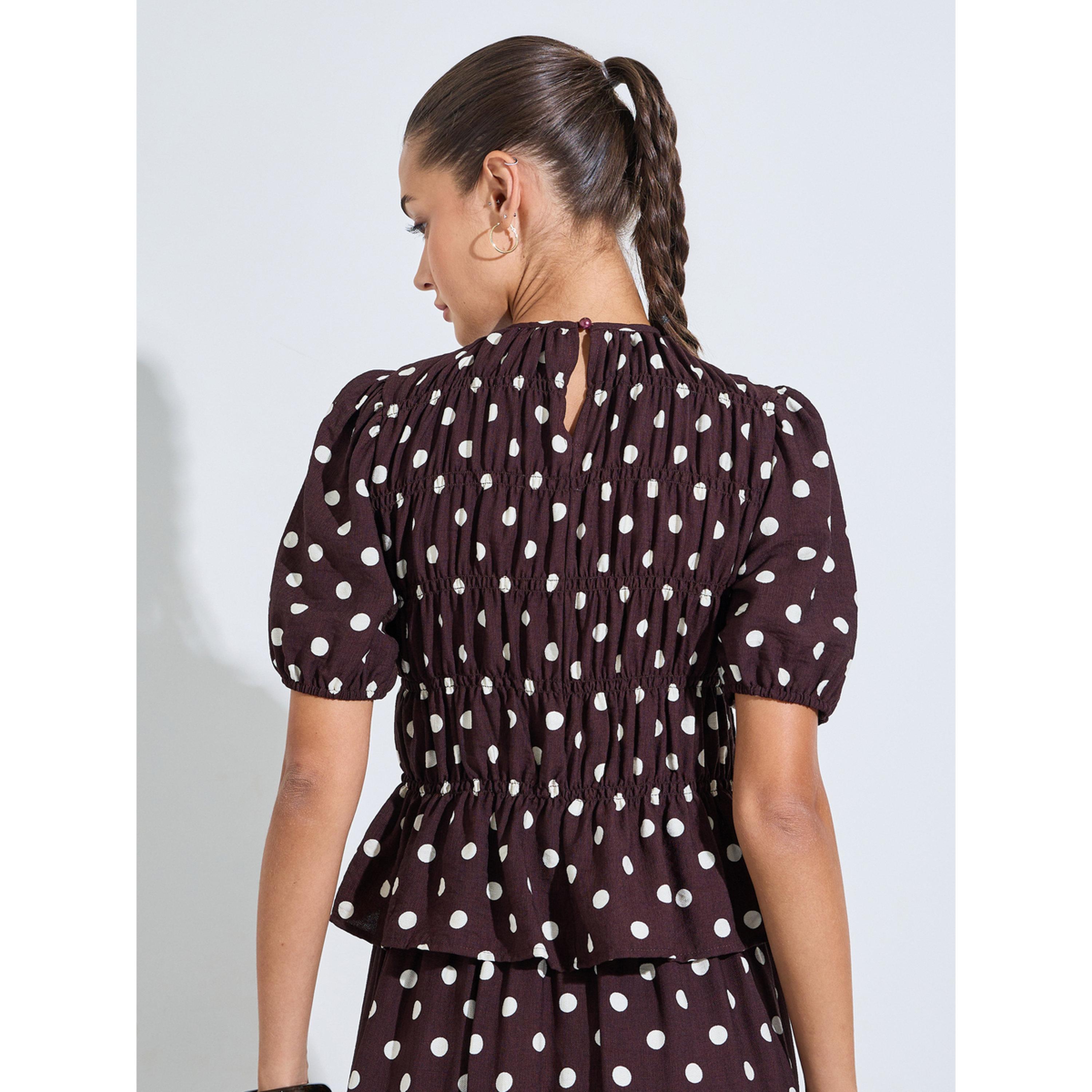 ستيلي بلوزة بنية بنقشة منقطة وتفاصيل مكشكشة-women-clothing-shirtsandblouses-blouses-image-4