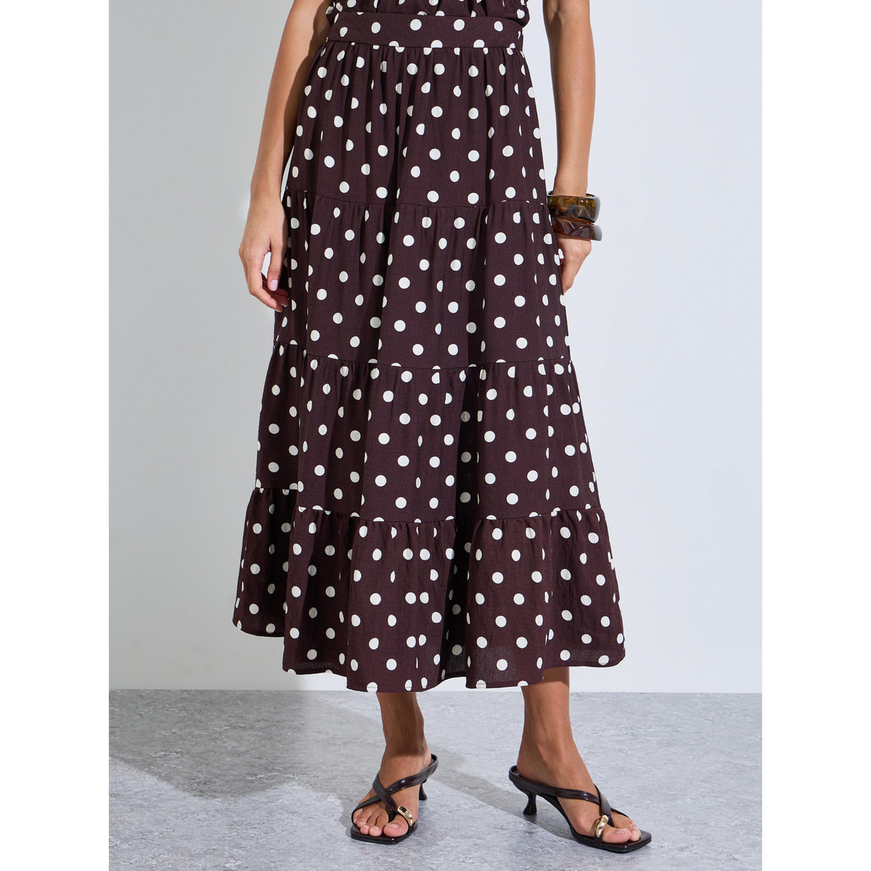 ستيلي تنورة ميدي بنية بقصة A وطبقات ونقشة منقطة-women-clothing-skirts-image-1