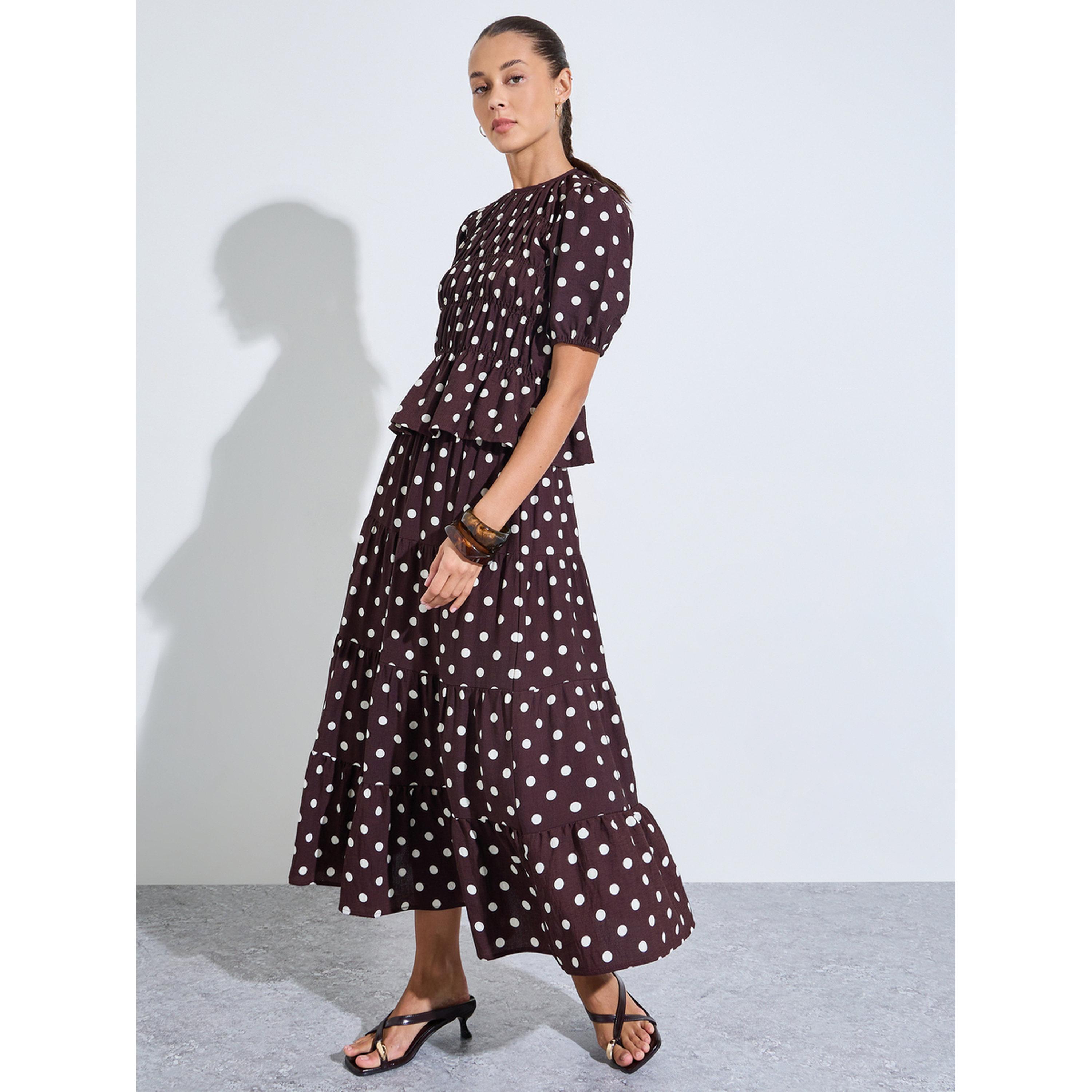 ستيلي تنورة ميدي بنية بقصة A وطبقات ونقشة منقطة-women-clothing-skirts-image-2