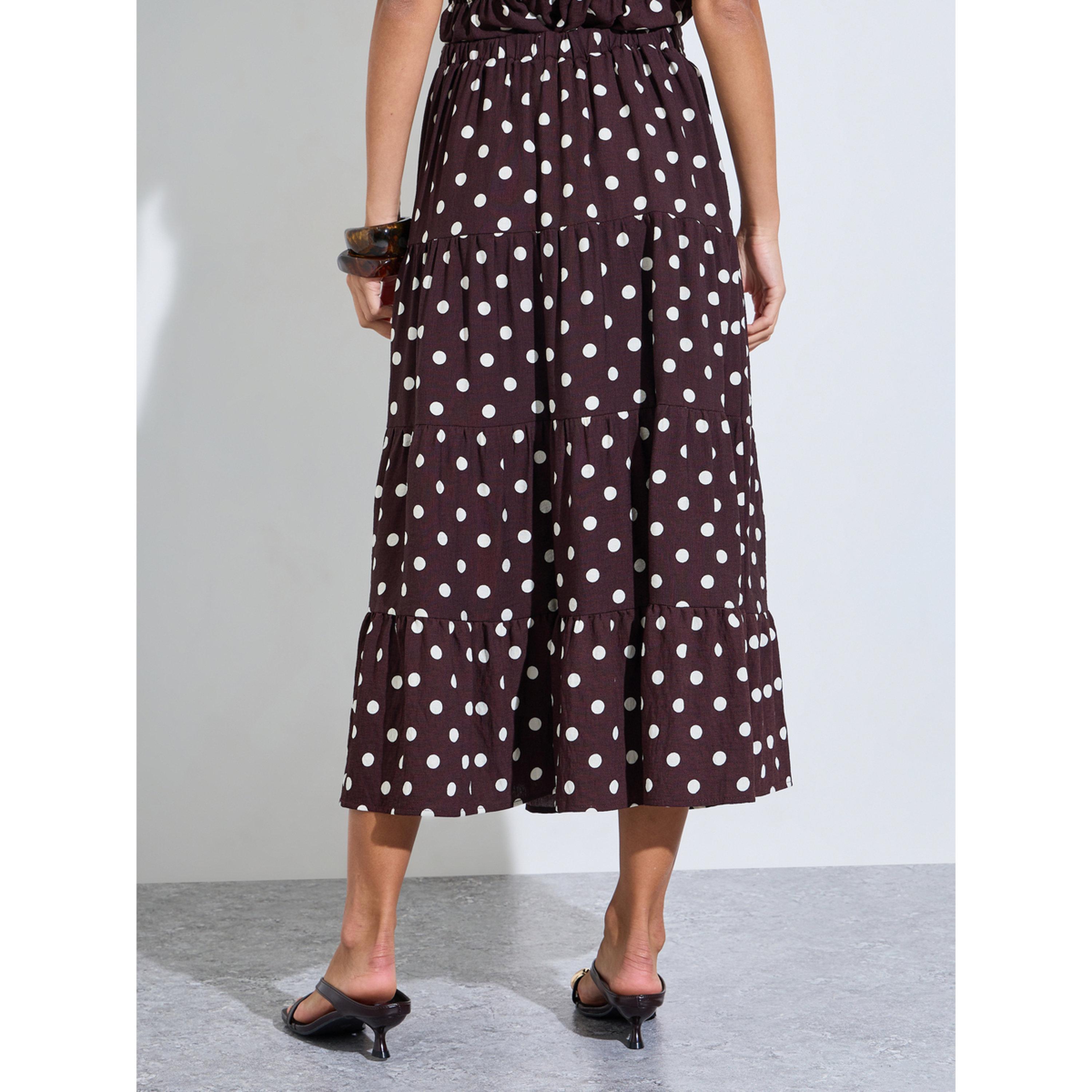 ستيلي تنورة ميدي بنية بقصة A وطبقات ونقشة منقطة-women-clothing-skirts-image-3