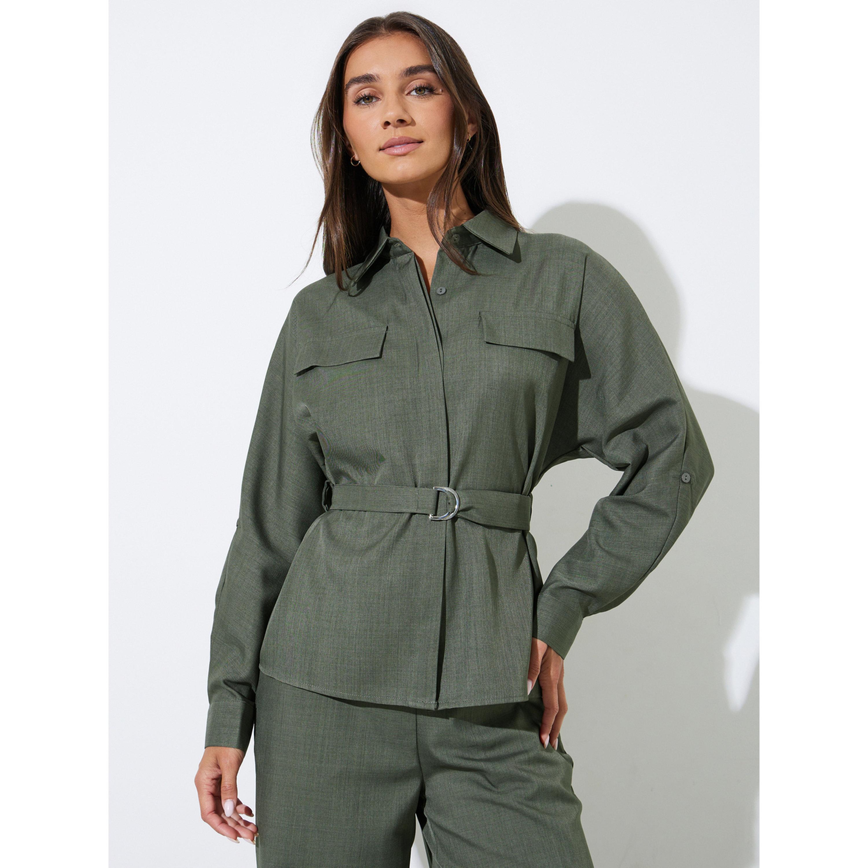Styli Green Flap Pockets Long Sleeve Belted Shirt-women-clothing-shirtsandblouses-shirts-image-1