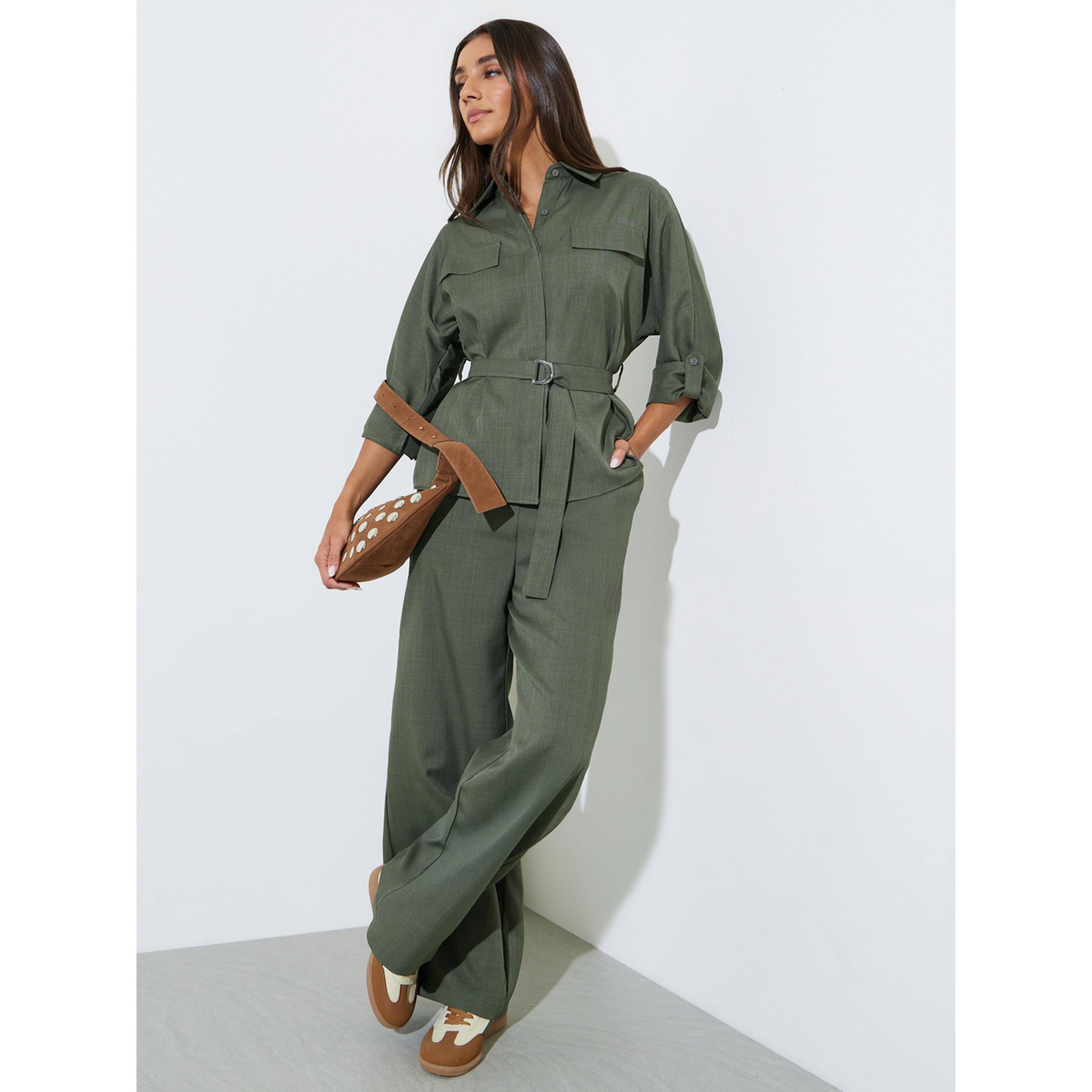 Styli Green Flap Pockets Long Sleeve Belted Shirt-women-clothing-shirtsandblouses-shirts-image-2