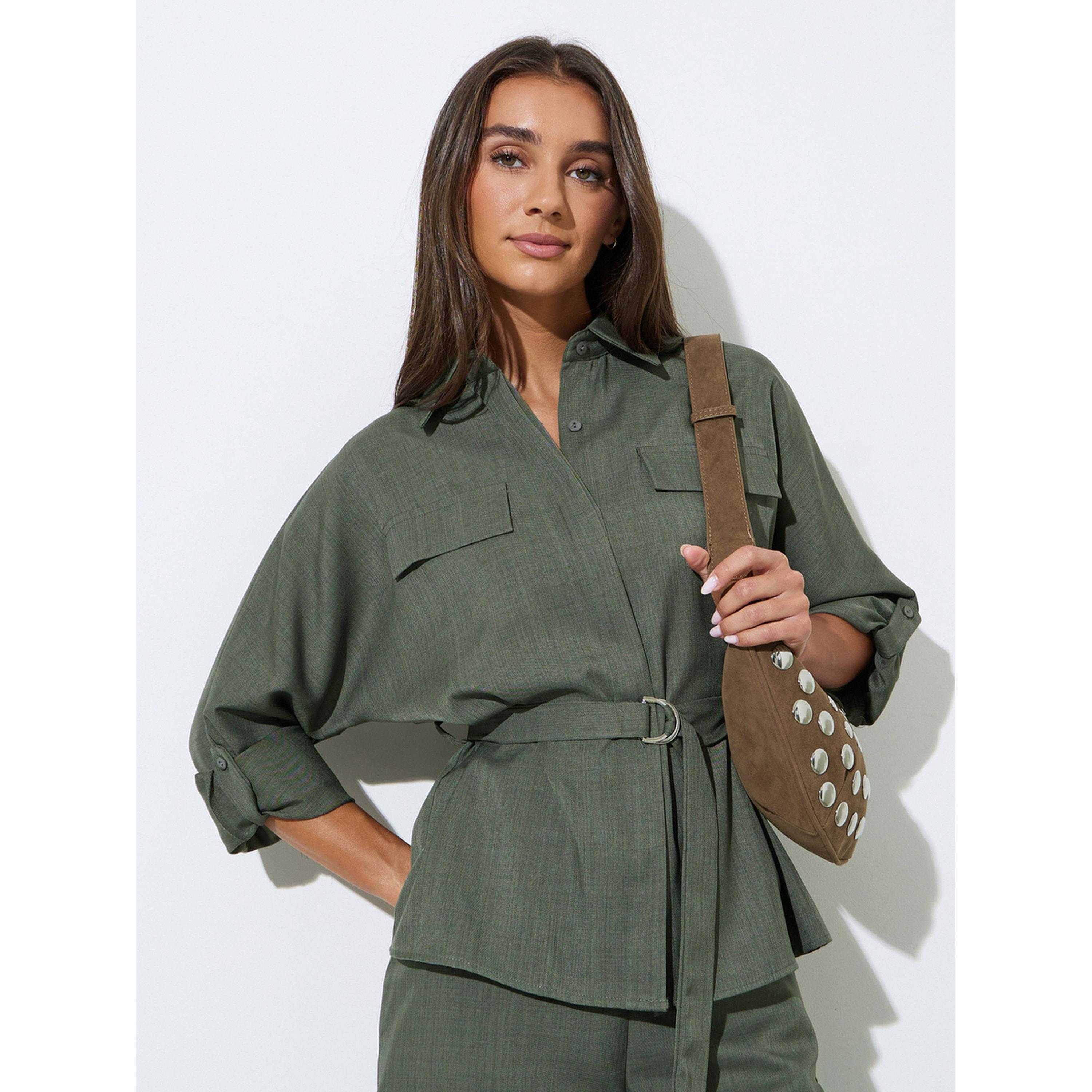 Styli Green Flap Pockets Long Sleeve Belted Shirt-women-clothing-shirtsandblouses-shirts-image-3
