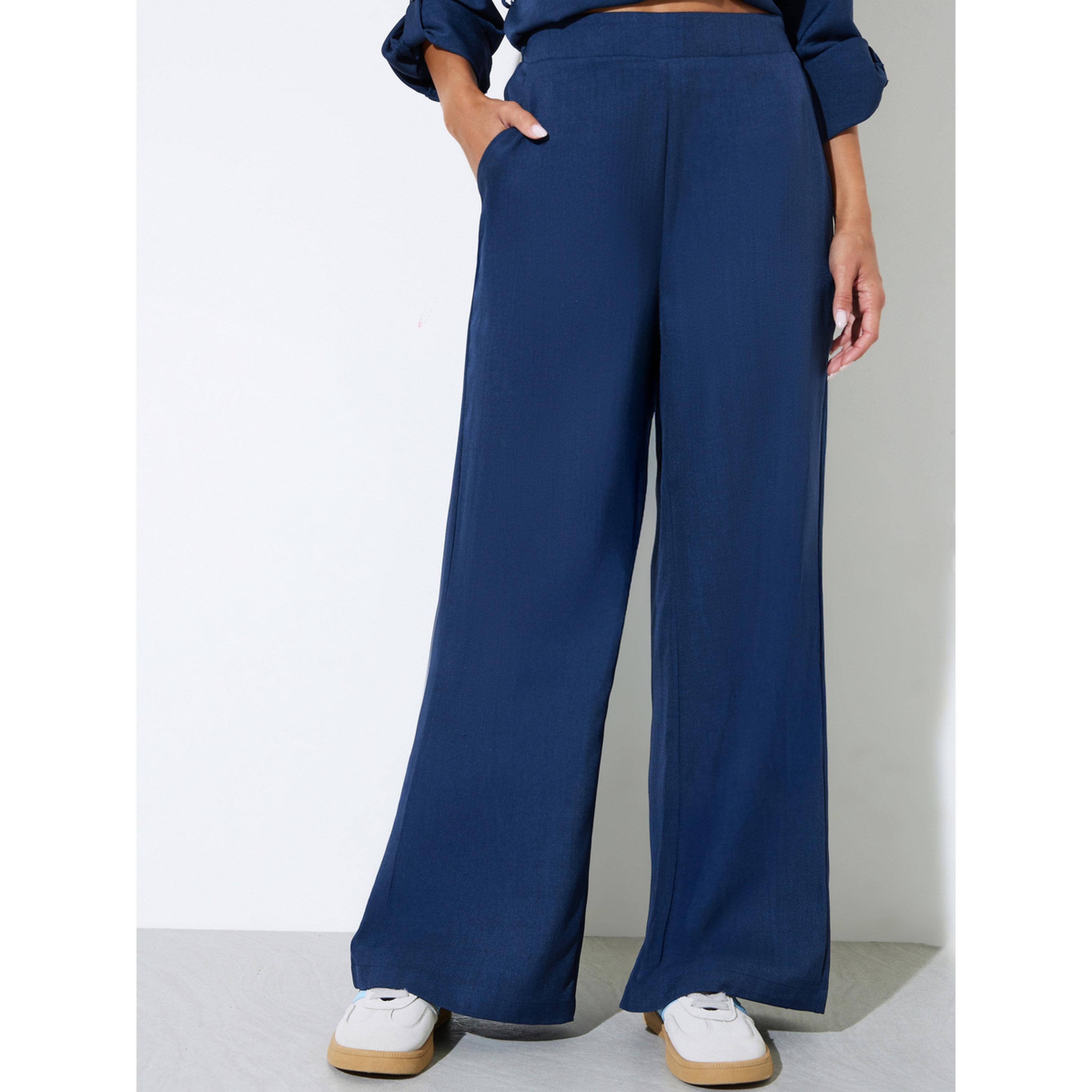 Styli Navy Blue Solid Wide Leg Trousers-women-clothing-trousers-image-1