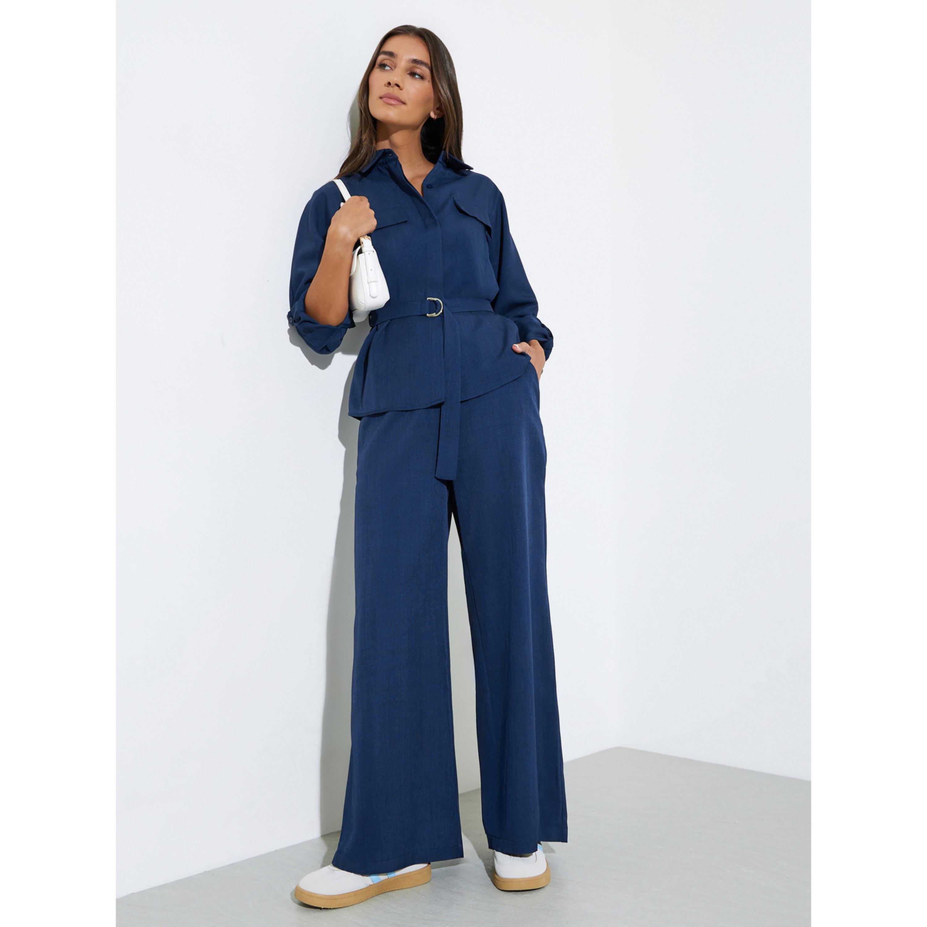 Styli Navy Blue Solid Wide Leg Trousers-women-clothing-trousers-image-2