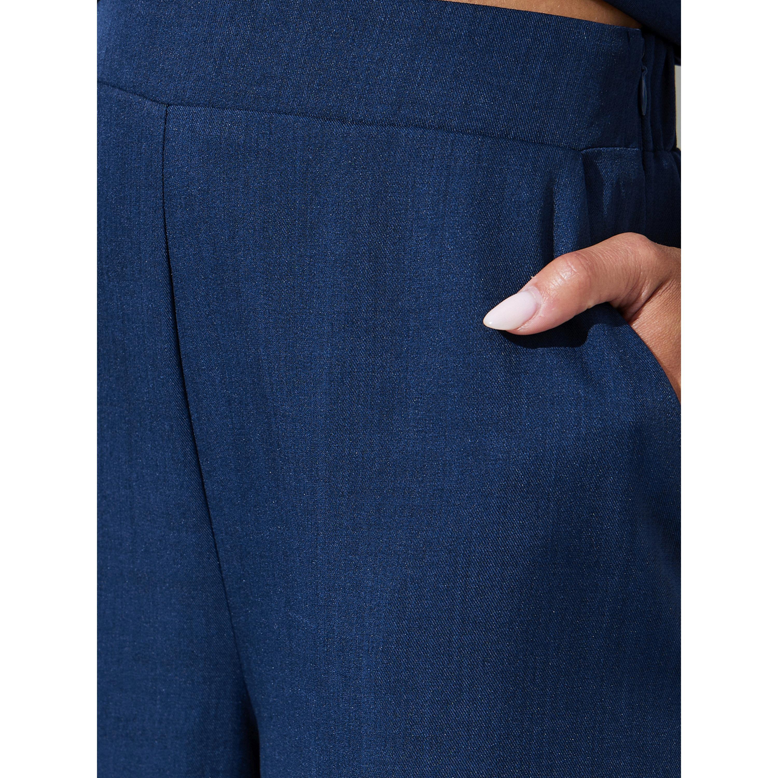 Styli Navy Blue Solid Wide Leg Trousers-women-clothing-trousers-image-3