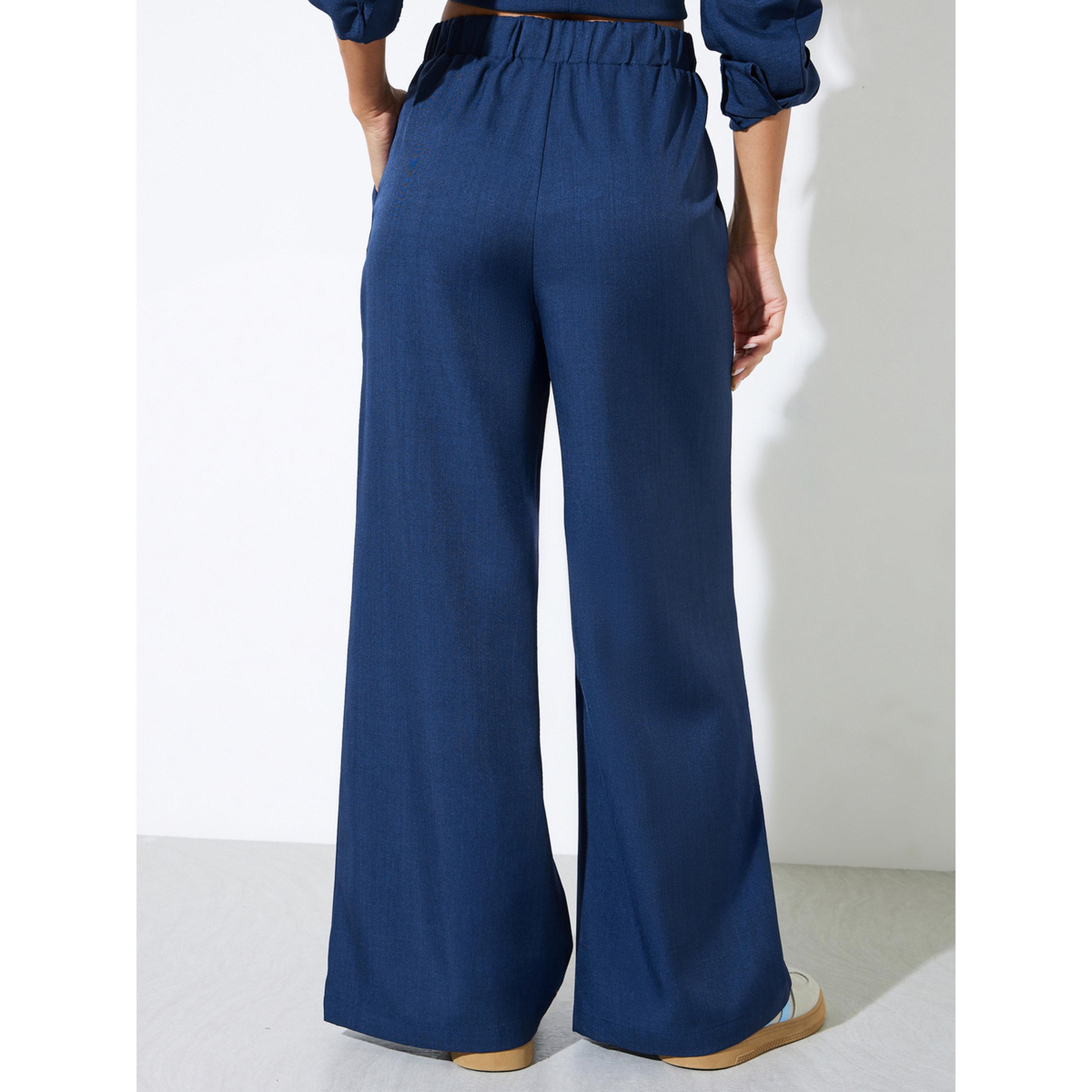 Styli Navy Blue Solid Wide Leg Trousers-women-clothing-trousers-image-4