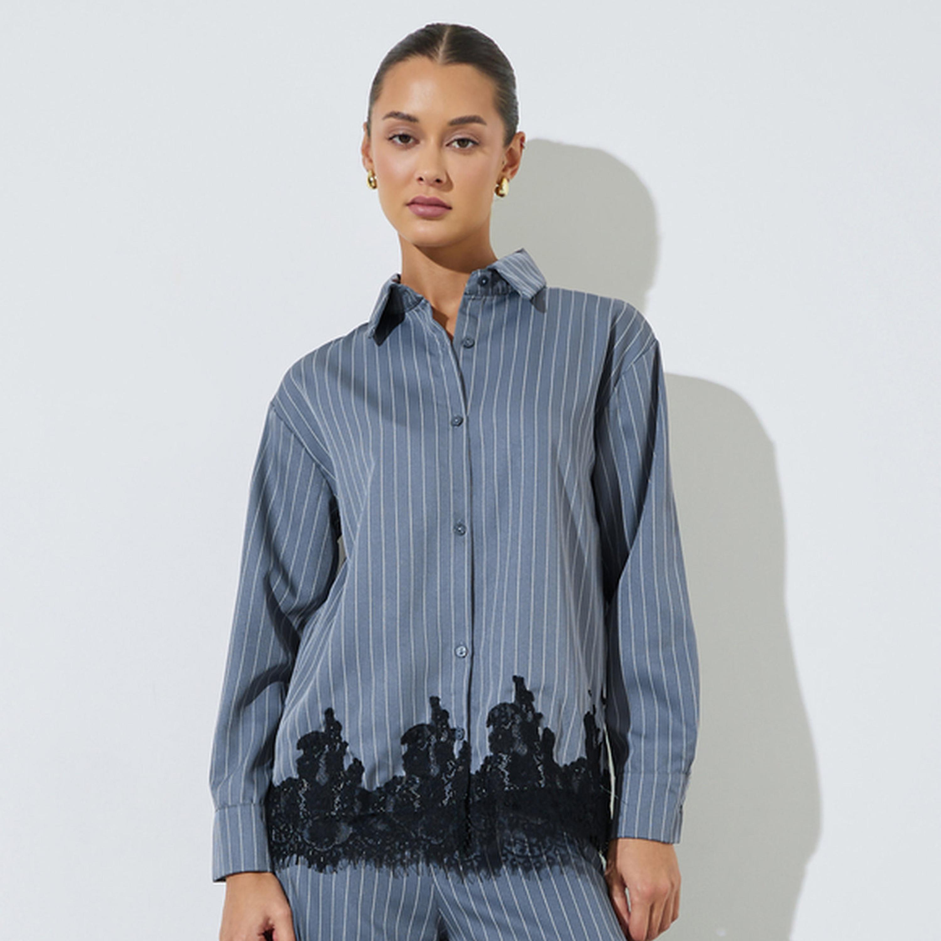 بلوزة رمادي بنمط خطوط رفيعة وأكمام طويلة وحافة دانتيل-women-clothing-shirtsandblouses-shirts-image-1
