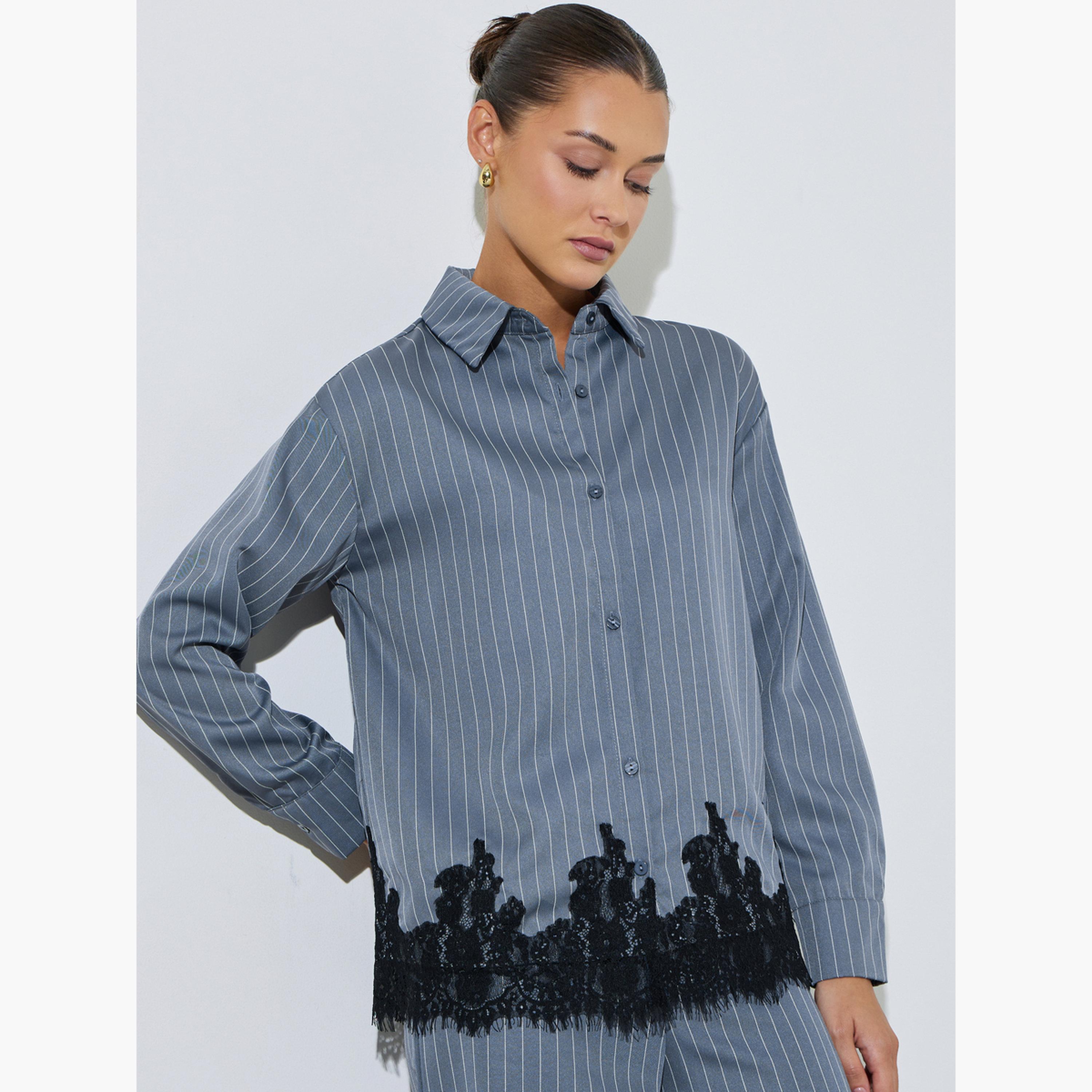 بلوزة رمادي بنمط خطوط رفيعة وأكمام طويلة وحافة دانتيل-women-clothing-shirtsandblouses-shirts-image-3