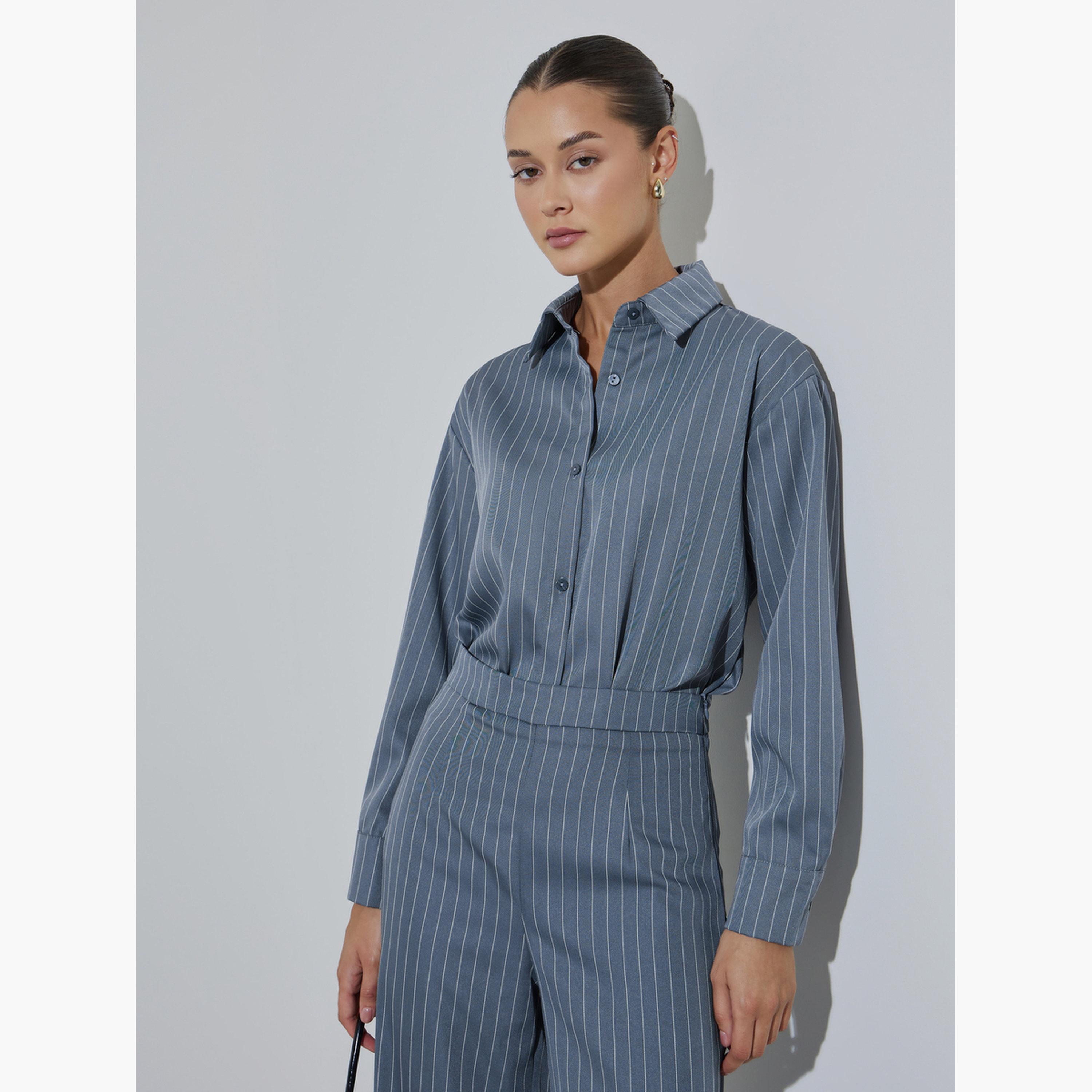 بلوزة رمادي بنمط خطوط رفيعة وأكمام طويلة وحافة دانتيل-women-clothing-shirtsandblouses-shirts-image-4