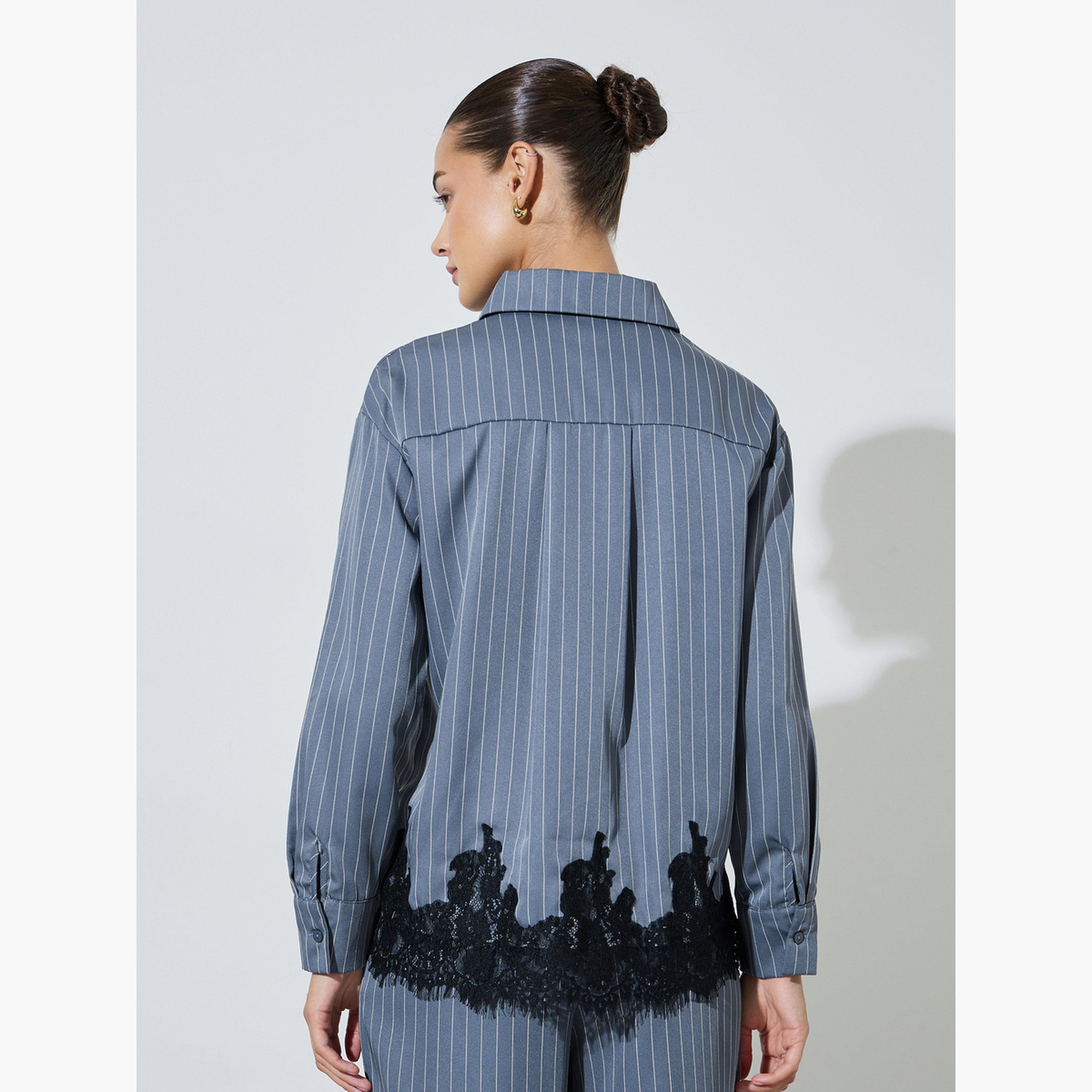 بلوزة رمادي بنمط خطوط رفيعة وأكمام طويلة وحافة دانتيل-women-clothing-shirtsandblouses-shirts-image-5