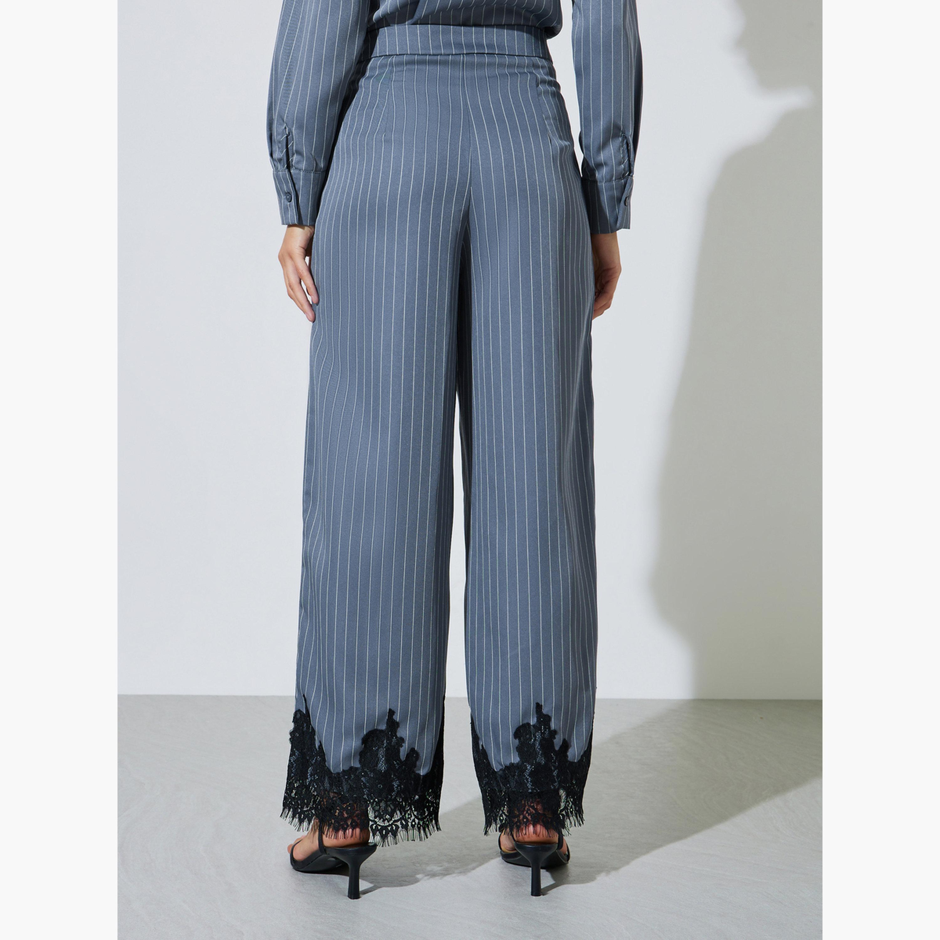 بنطال بأرجل واسعة بنمط مخطط وتفاصيل دانتيل لون رمادي داكن-women-clothing-bottoms-joggers-image-4