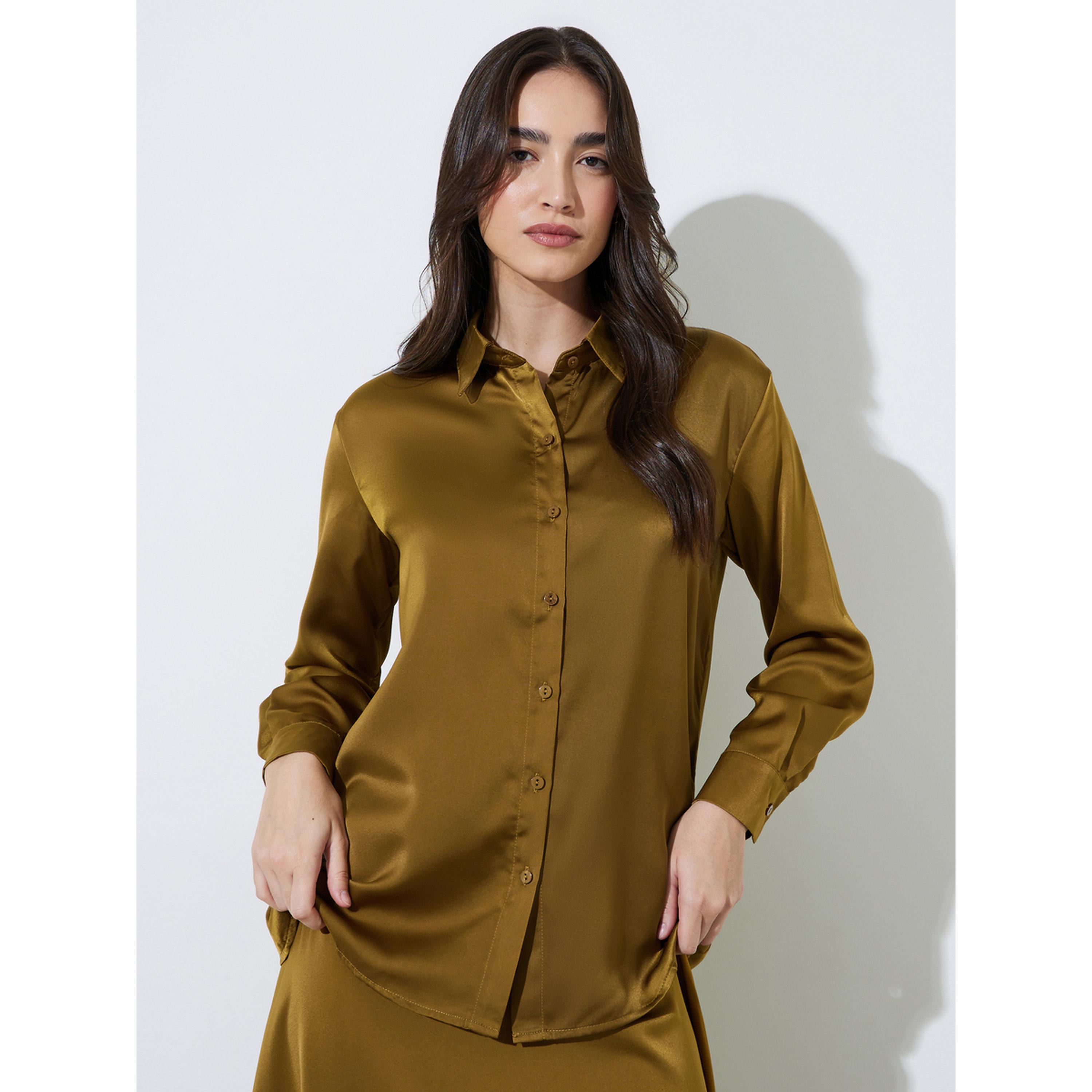 Styli Olive Solid Long Lined Oversized Satin Shirt-women-clothing-shirtsandblouses-shirts-image-1