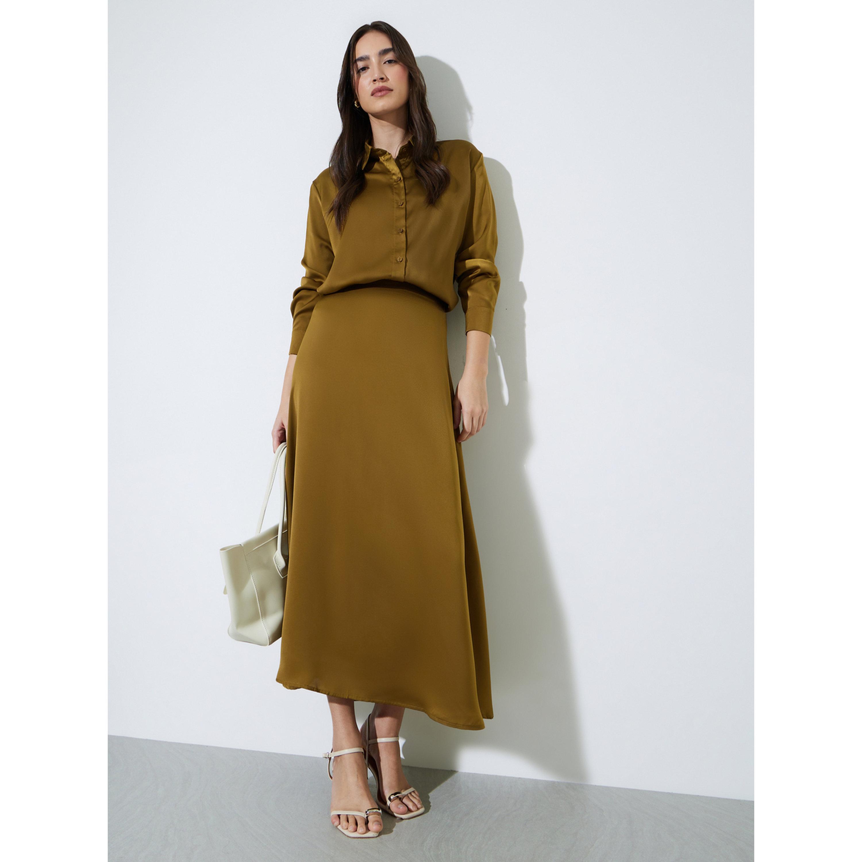 Styli Olive Solid Long Lined Oversized Satin Shirt-women-clothing-shirtsandblouses-shirts-image-2