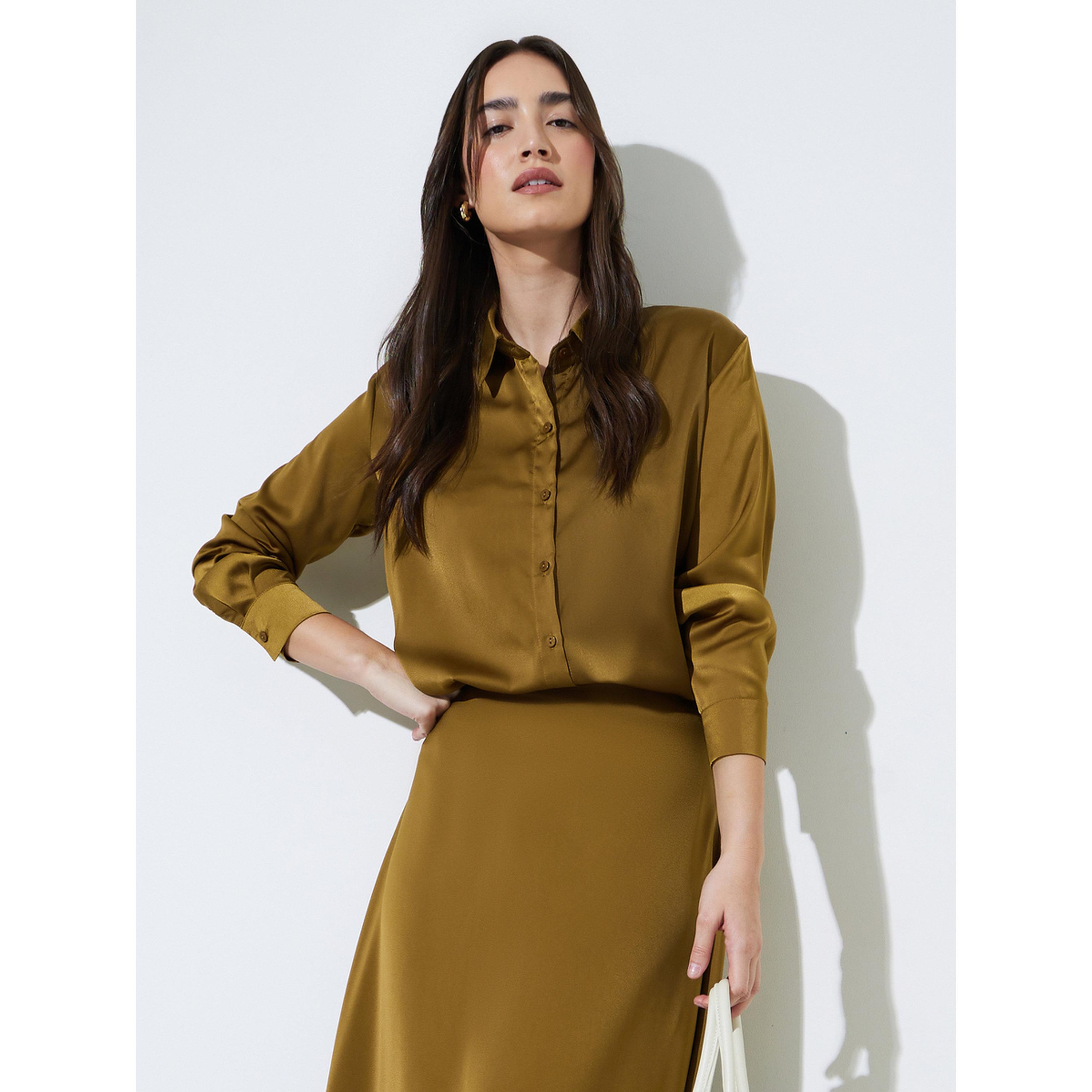 Styli Olive Solid Long Lined Oversized Satin Shirt-women-clothing-shirtsandblouses-shirts-image-3