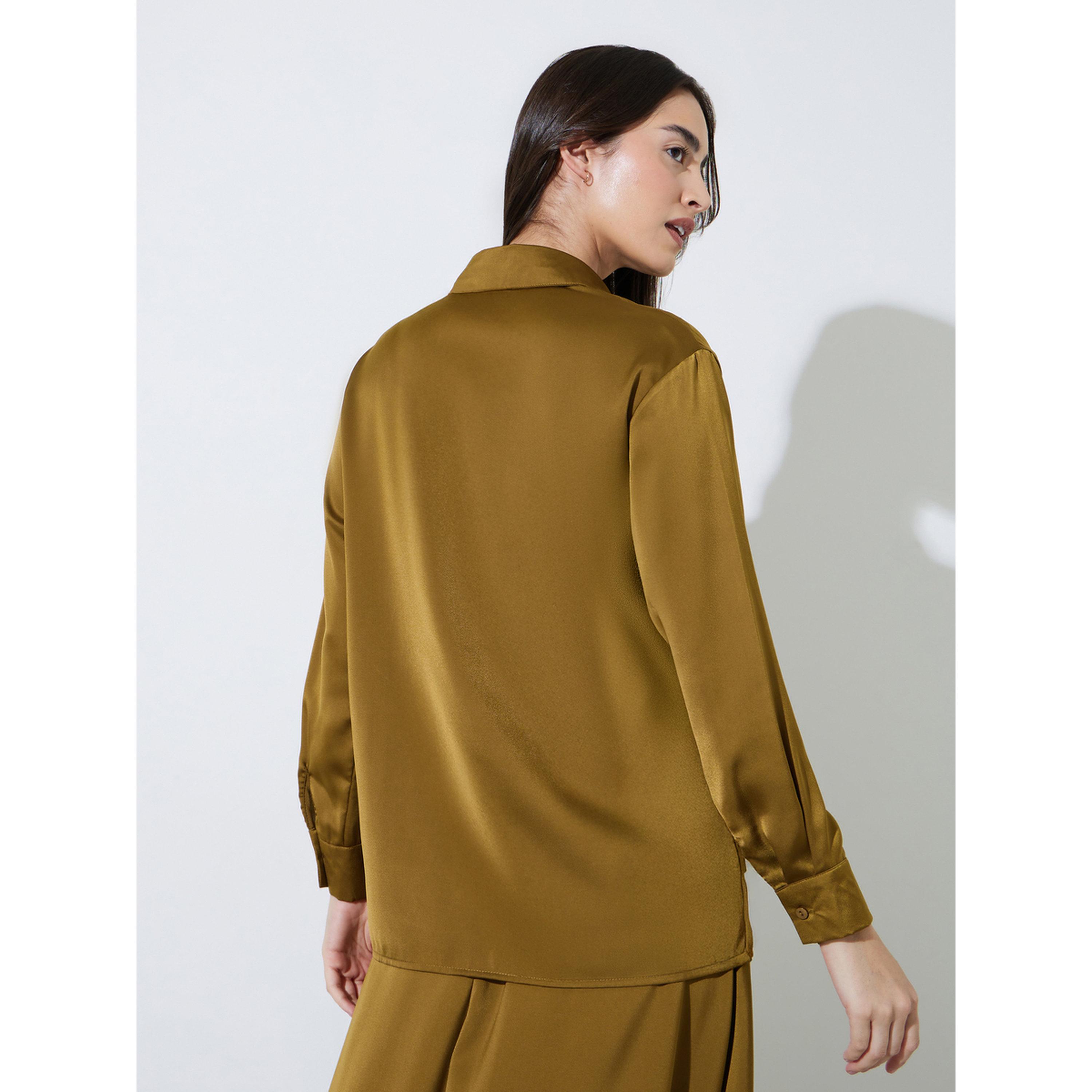 Styli Olive Solid Long Lined Oversized Satin Shirt-women-clothing-shirtsandblouses-shirts-image-4