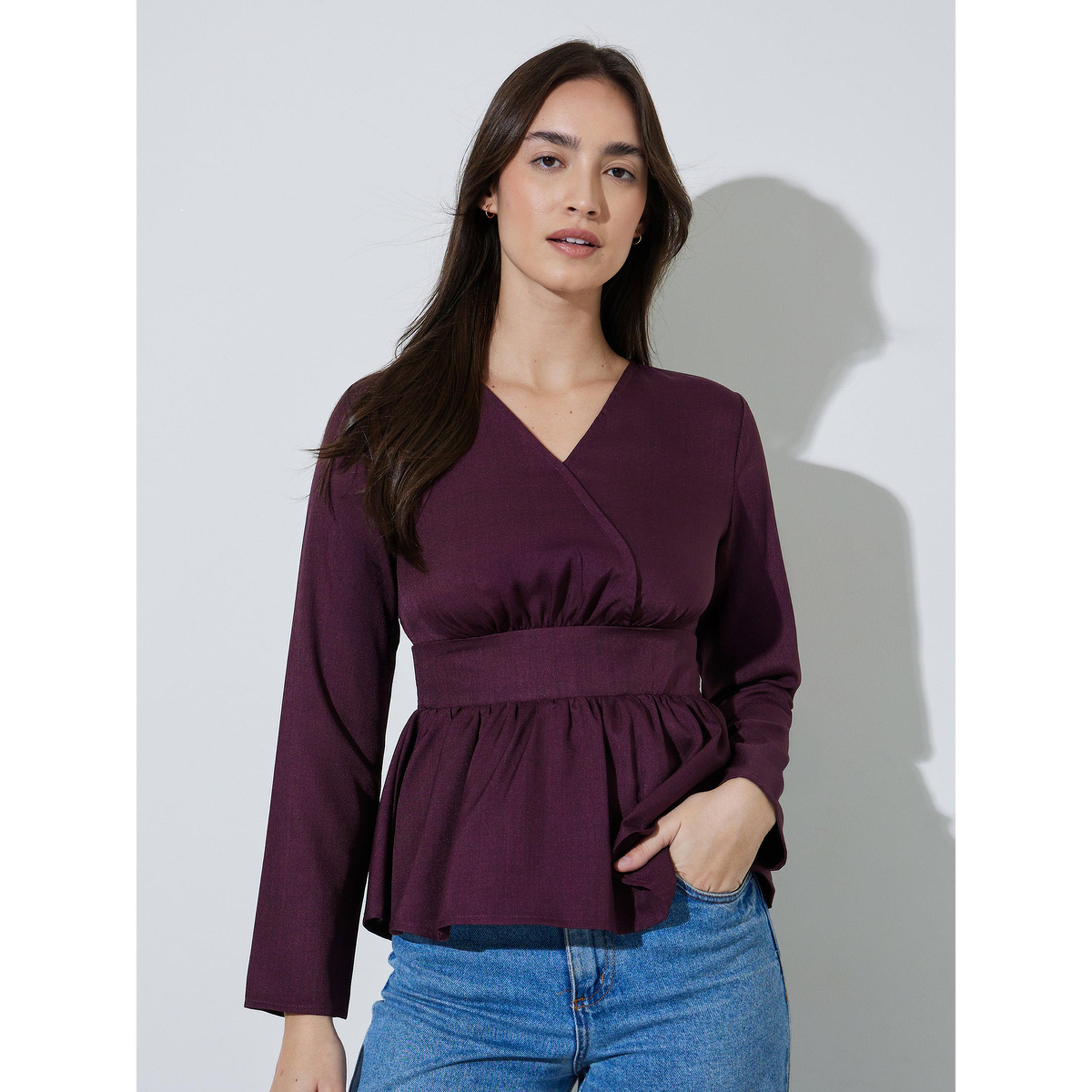 بلوزة بيبلوم وتفاصيل مكشكشة سادة بلون بورغندي-women-clothing-shirtsandblouses-blouses-image-1