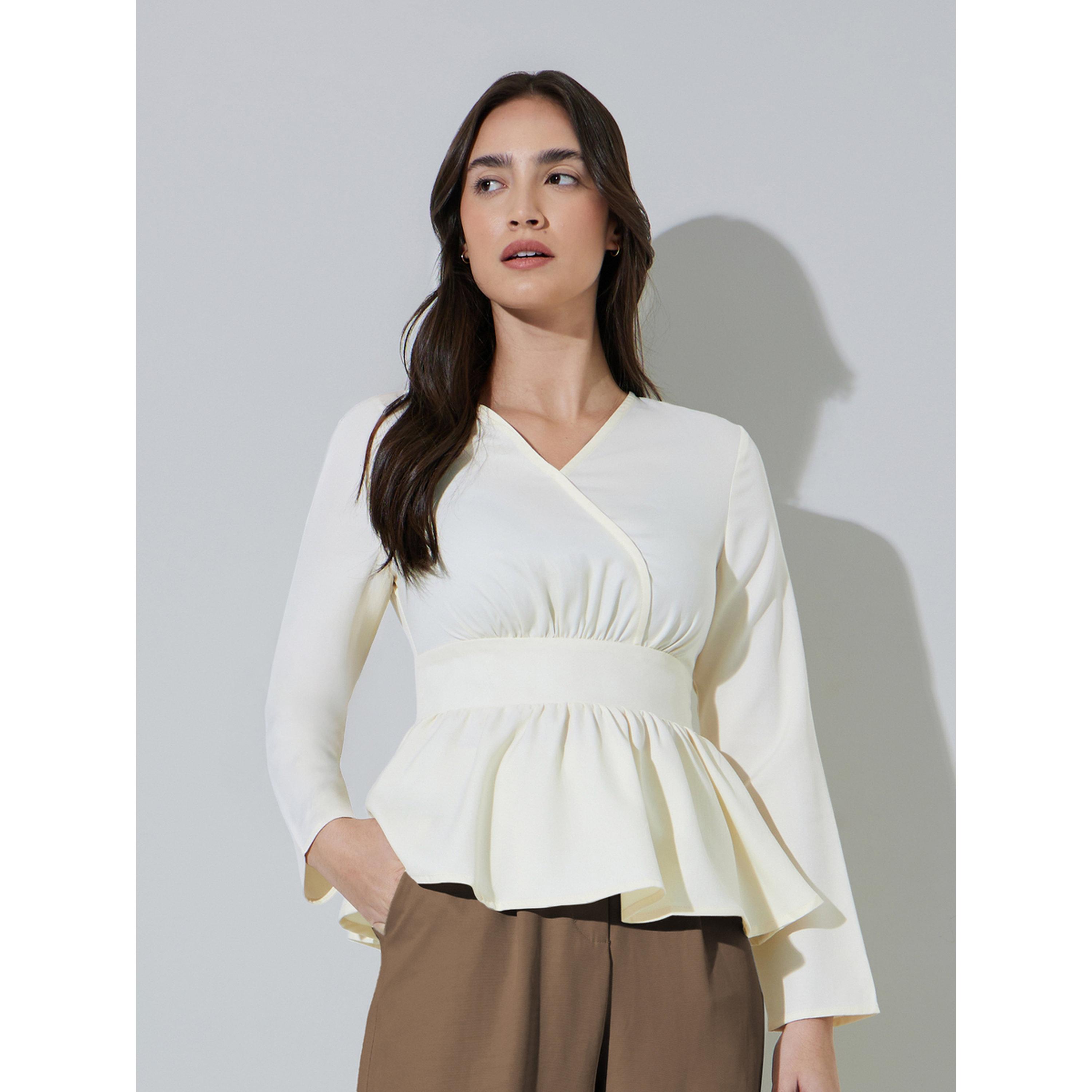 Styli Off White Solid Ruffled Details V-Neck Peplum Blouse-women-clothing-shirtsandblouses-blouses-image-1