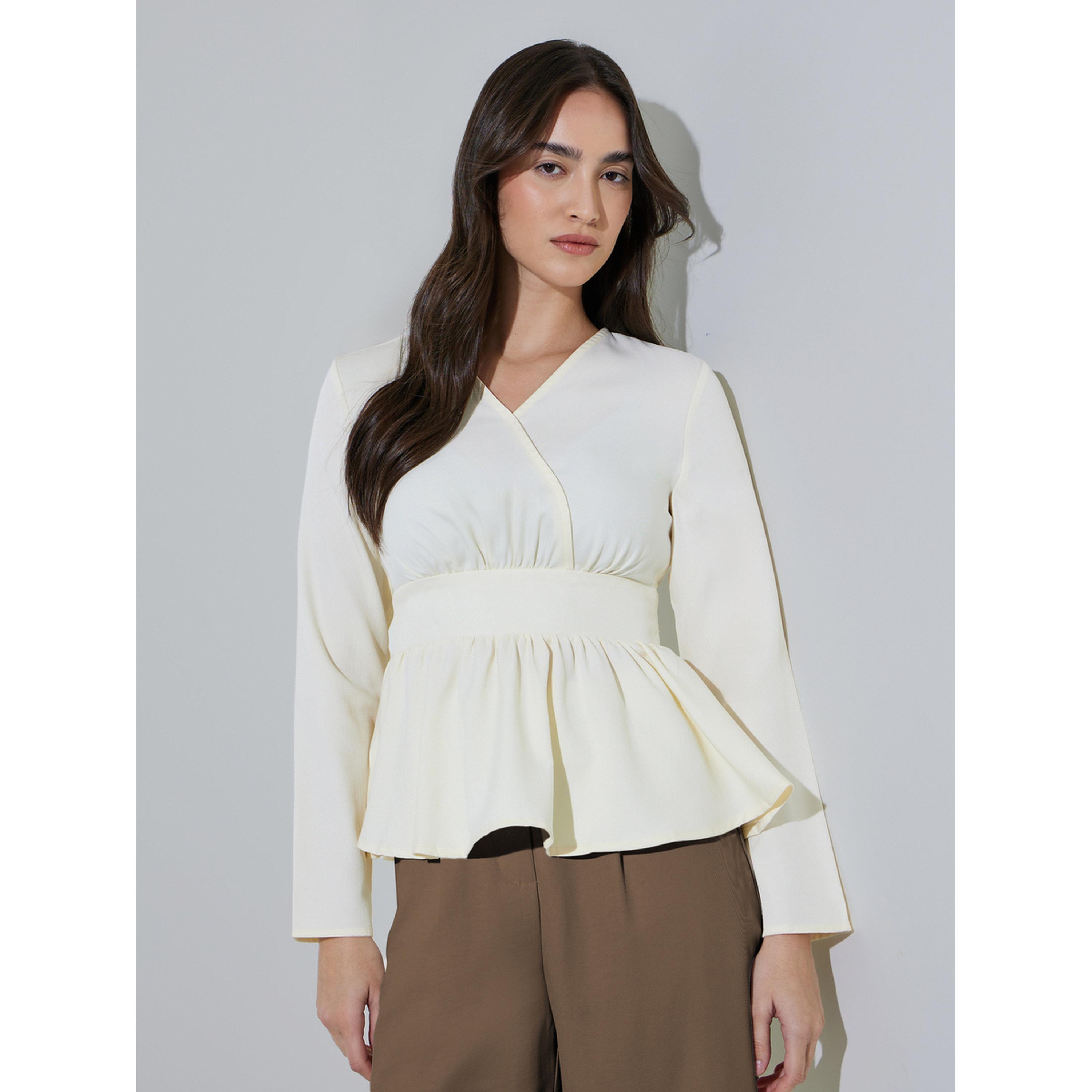 Styli Off White Solid Ruffled Details V-Neck Peplum Blouse-women-clothing-shirtsandblouses-blouses-image-3