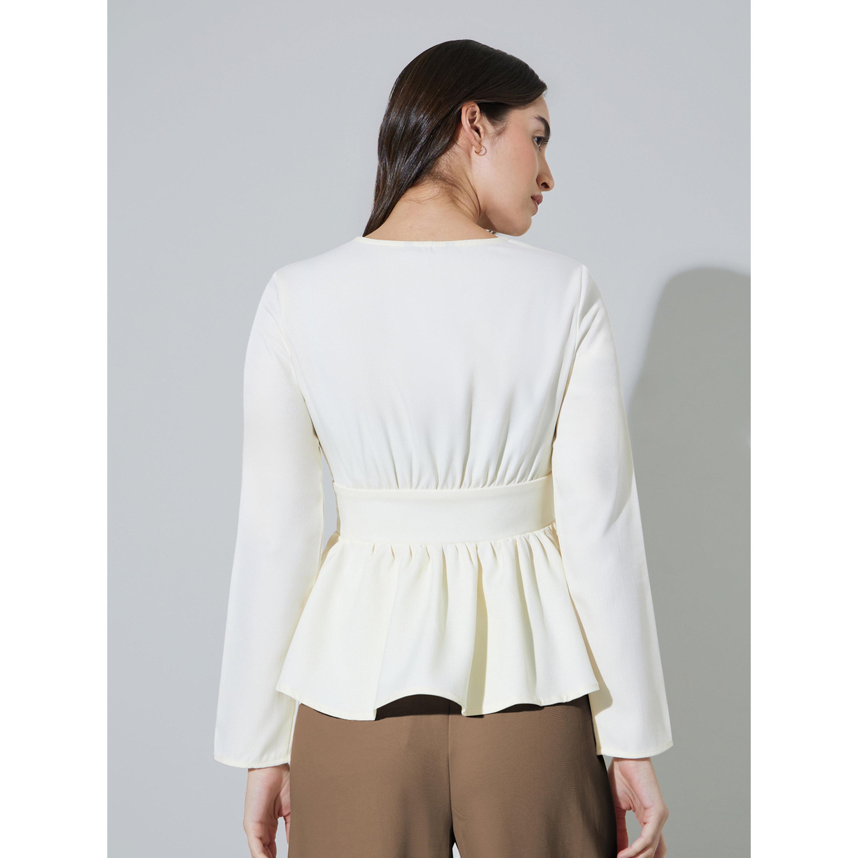 Styli Off White Solid Ruffled Details V-Neck Peplum Blouse-women-clothing-shirtsandblouses-blouses-image-4