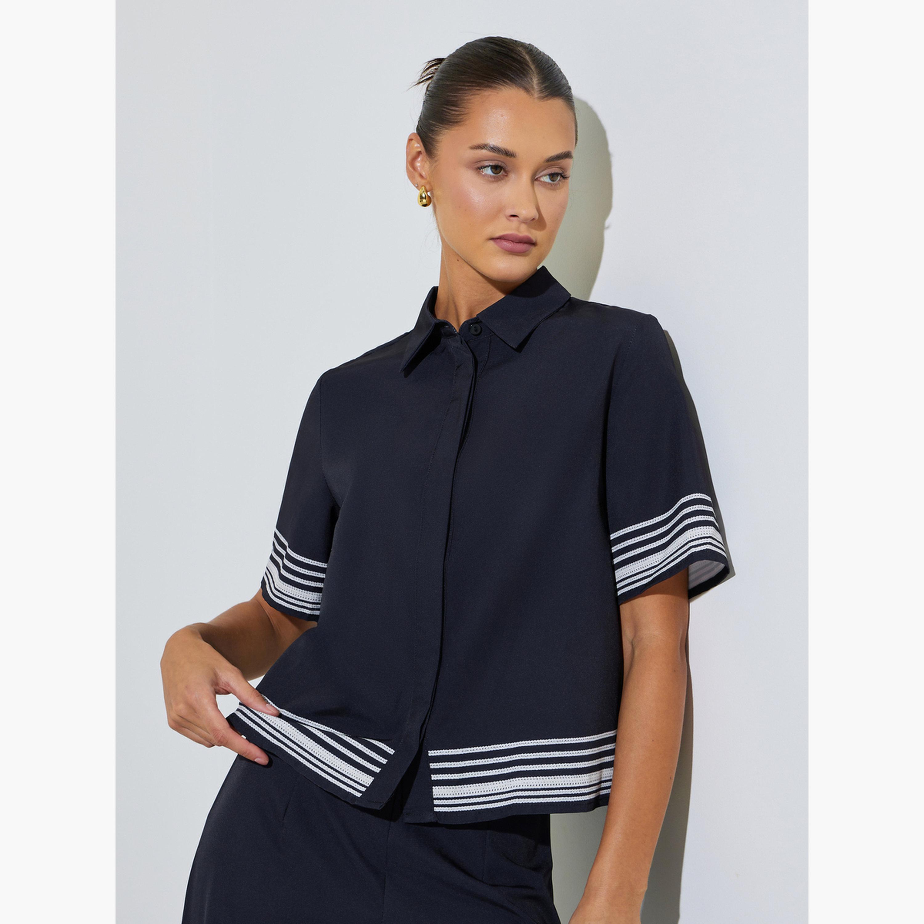 Styli Black Short Sleeve Contrast Striped Trims Crop Shirt-women-clothing-shirtsandblouses-shirts-image-1