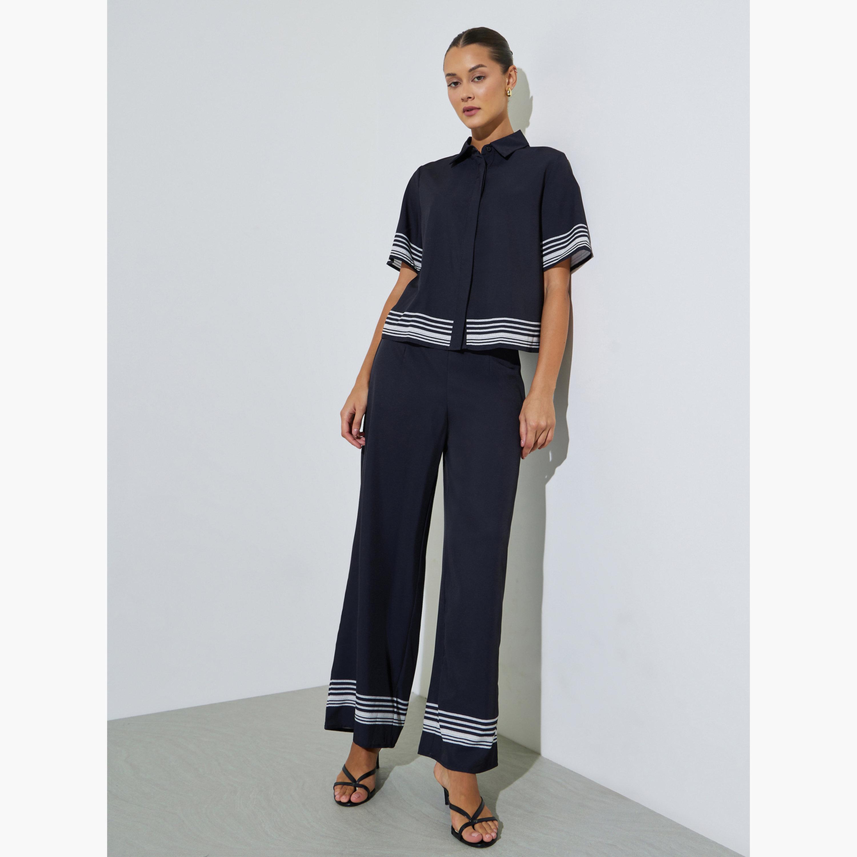 Styli Black Short Sleeve Contrast Striped Trims Crop Shirt-women-clothing-shirtsandblouses-shirts-image-2