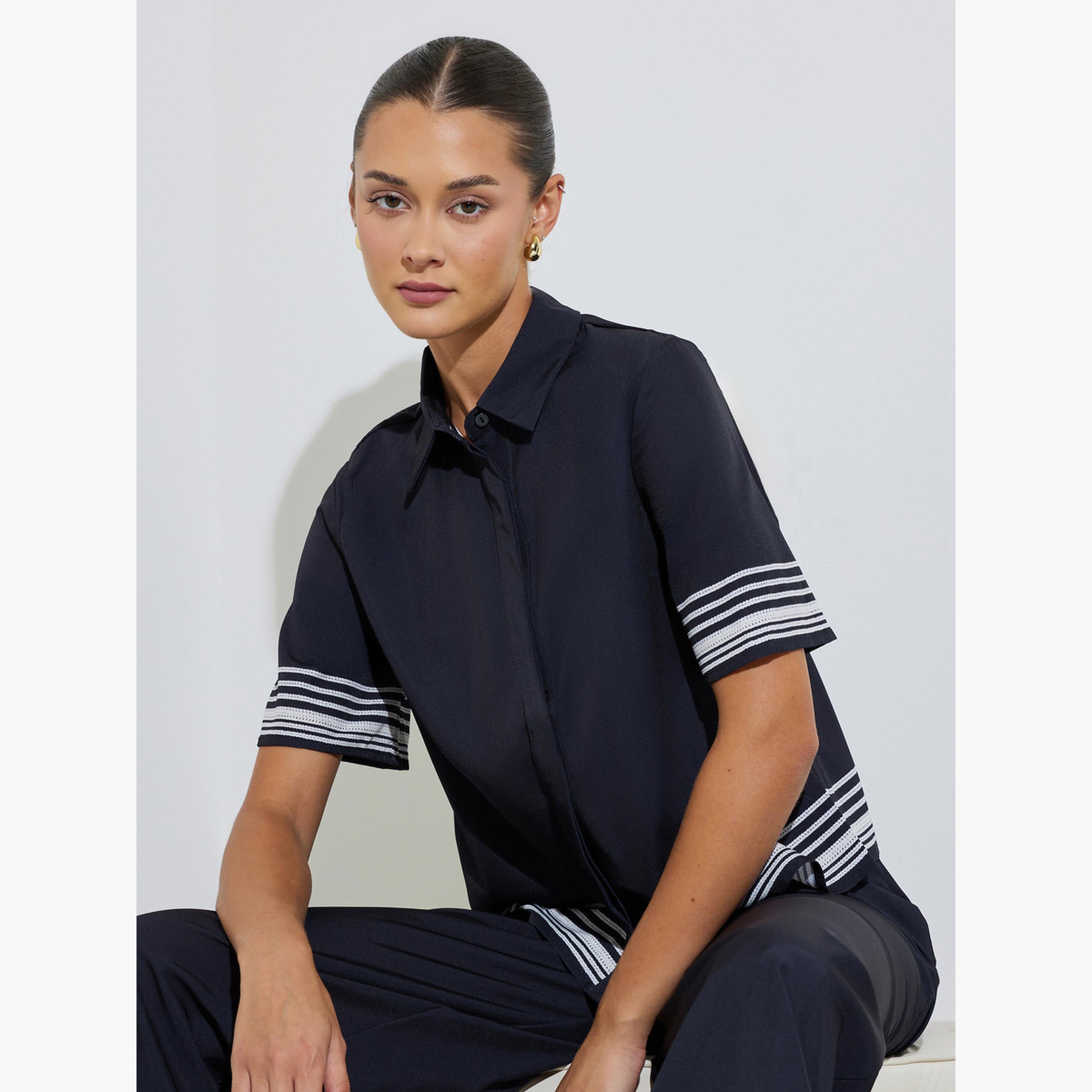 Styli Black Short Sleeve Contrast Striped Trims Crop Shirt-women-clothing-shirtsandblouses-shirts-image-3