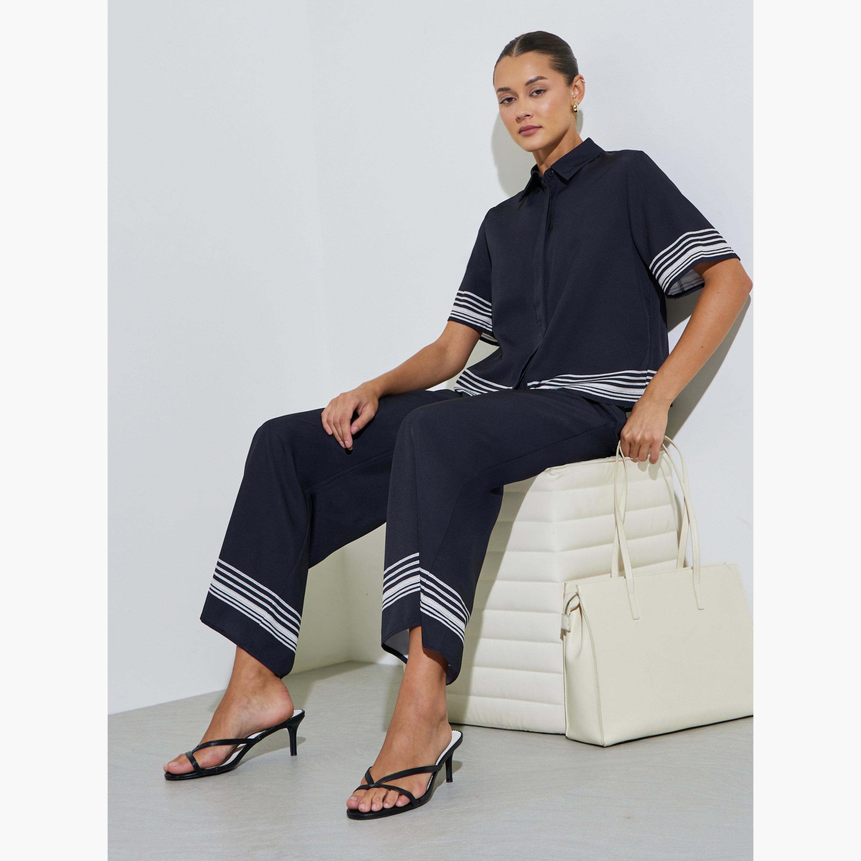 Styli Black Short Sleeve Contrast Striped Trims Crop Shirt-women-clothing-shirtsandblouses-shirts-image-4