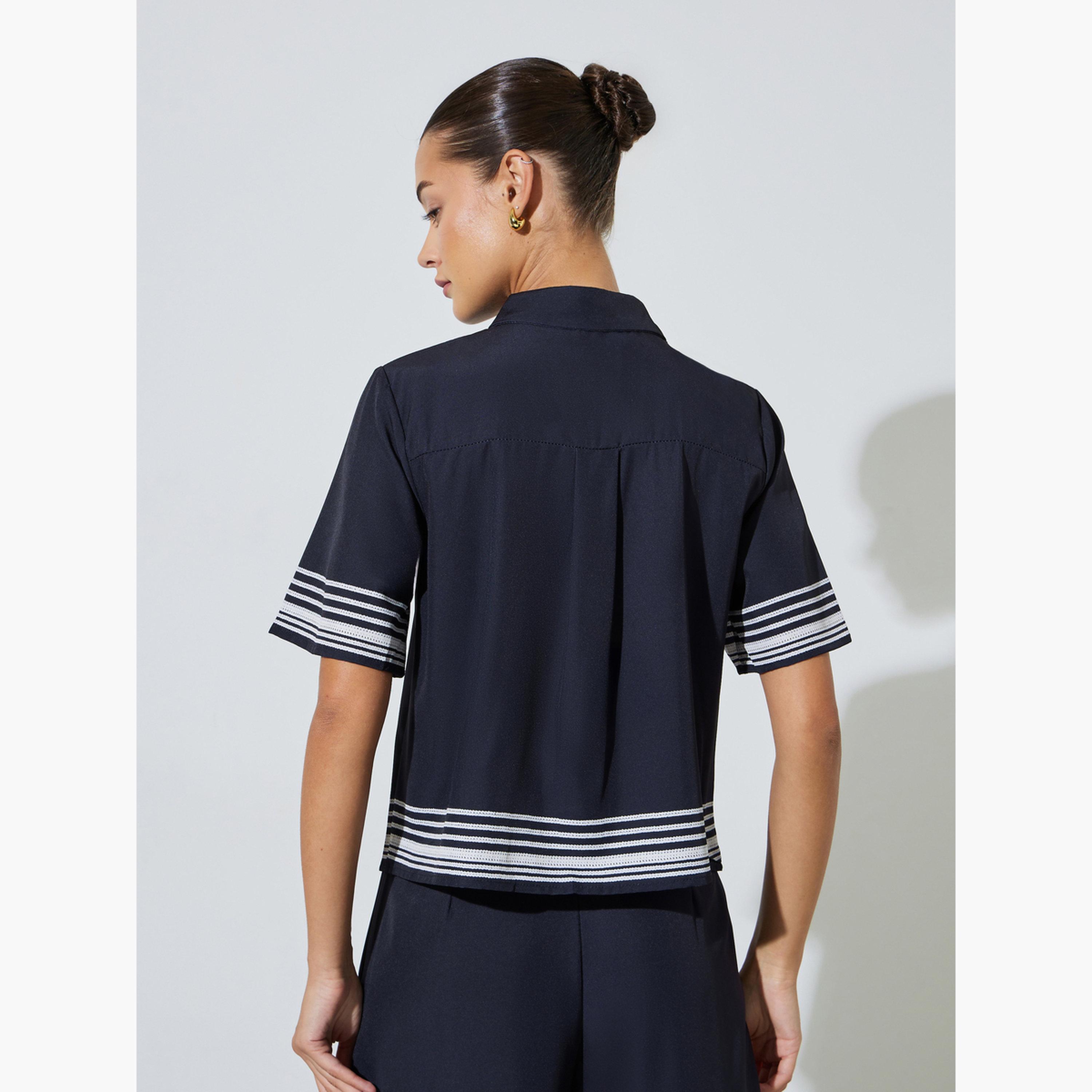 Styli Black Short Sleeve Contrast Striped Trims Crop Shirt-women-clothing-shirtsandblouses-shirts-image-5