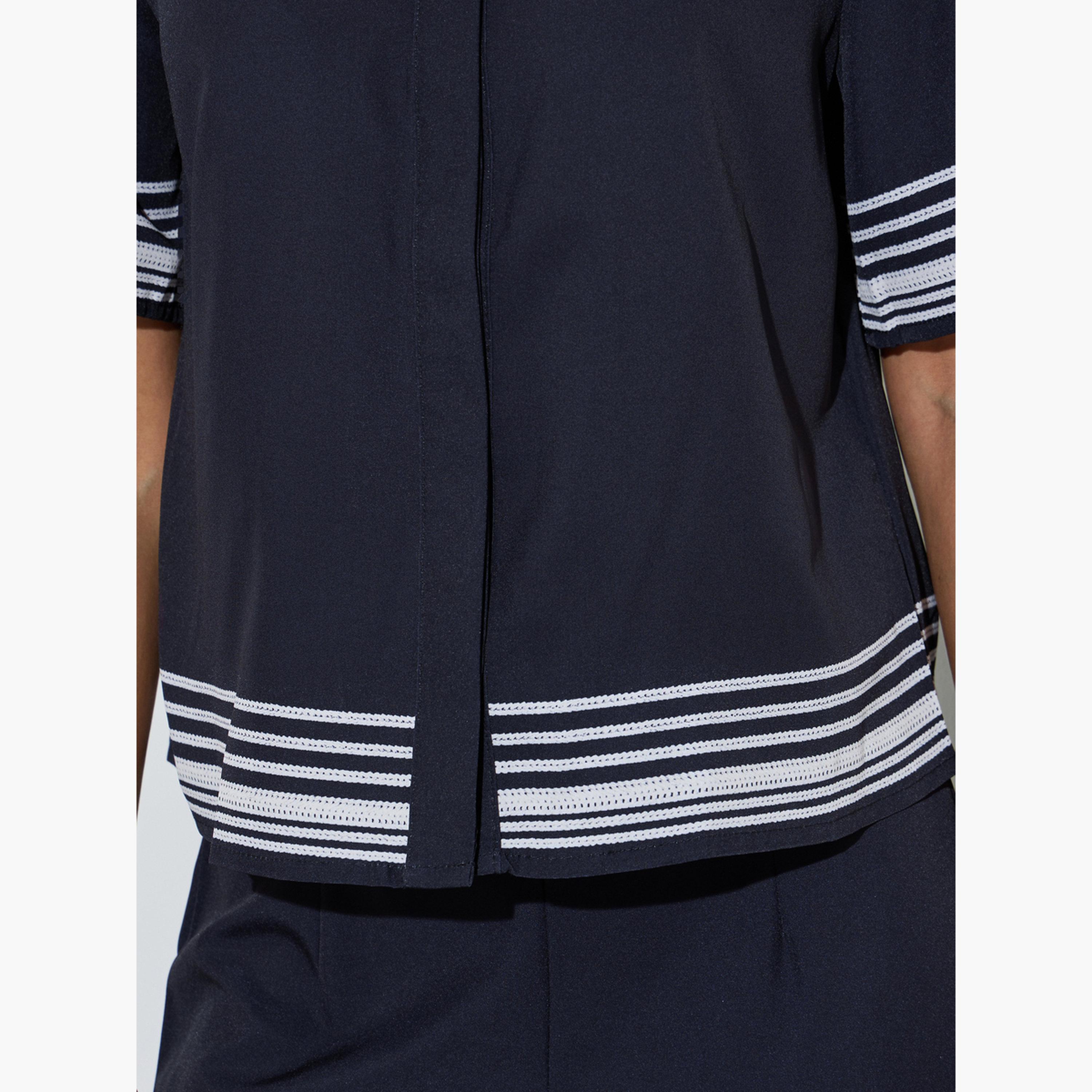 Styli Black Short Sleeve Contrast Striped Trims Crop Shirt-women-clothing-shirtsandblouses-shirts-image-6