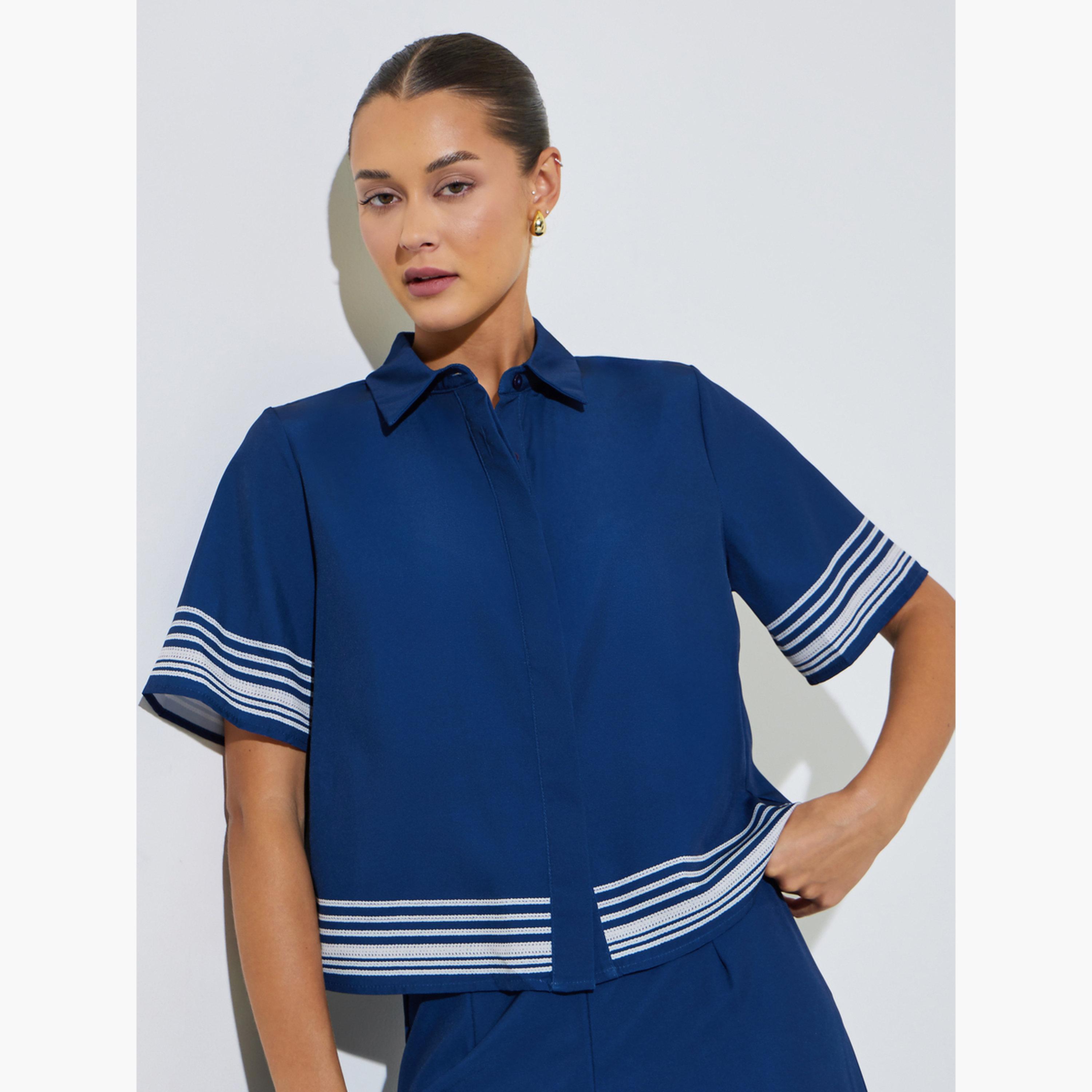 Styli Navy Blue Short Sleeve Contrast Striped Trims Crop Shirt-women-clothing-shirtsandblouses-shirts-image-1