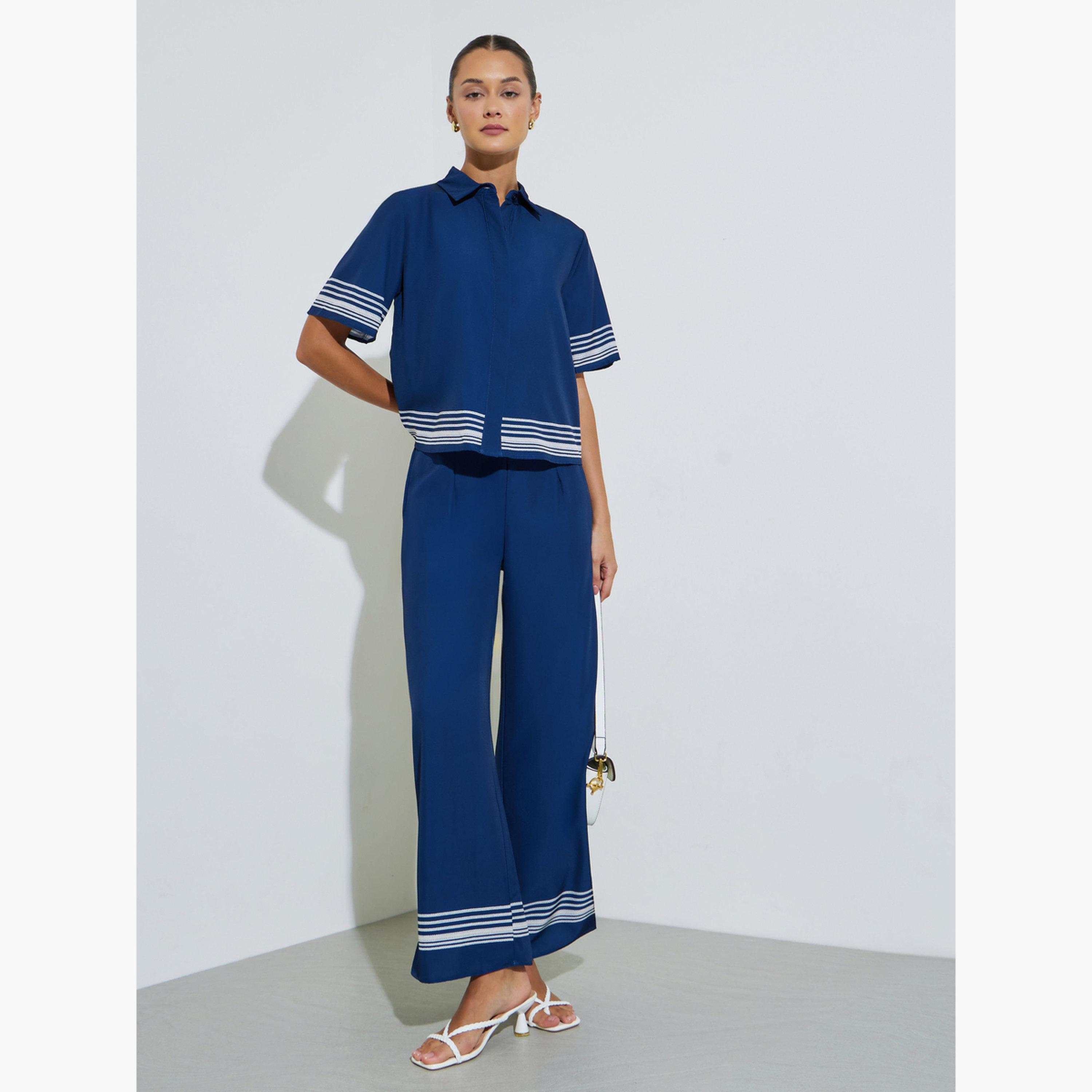 Styli Navy Blue Short Sleeve Contrast Striped Trims Crop Shirt-women-clothing-shirtsandblouses-shirts-image-2