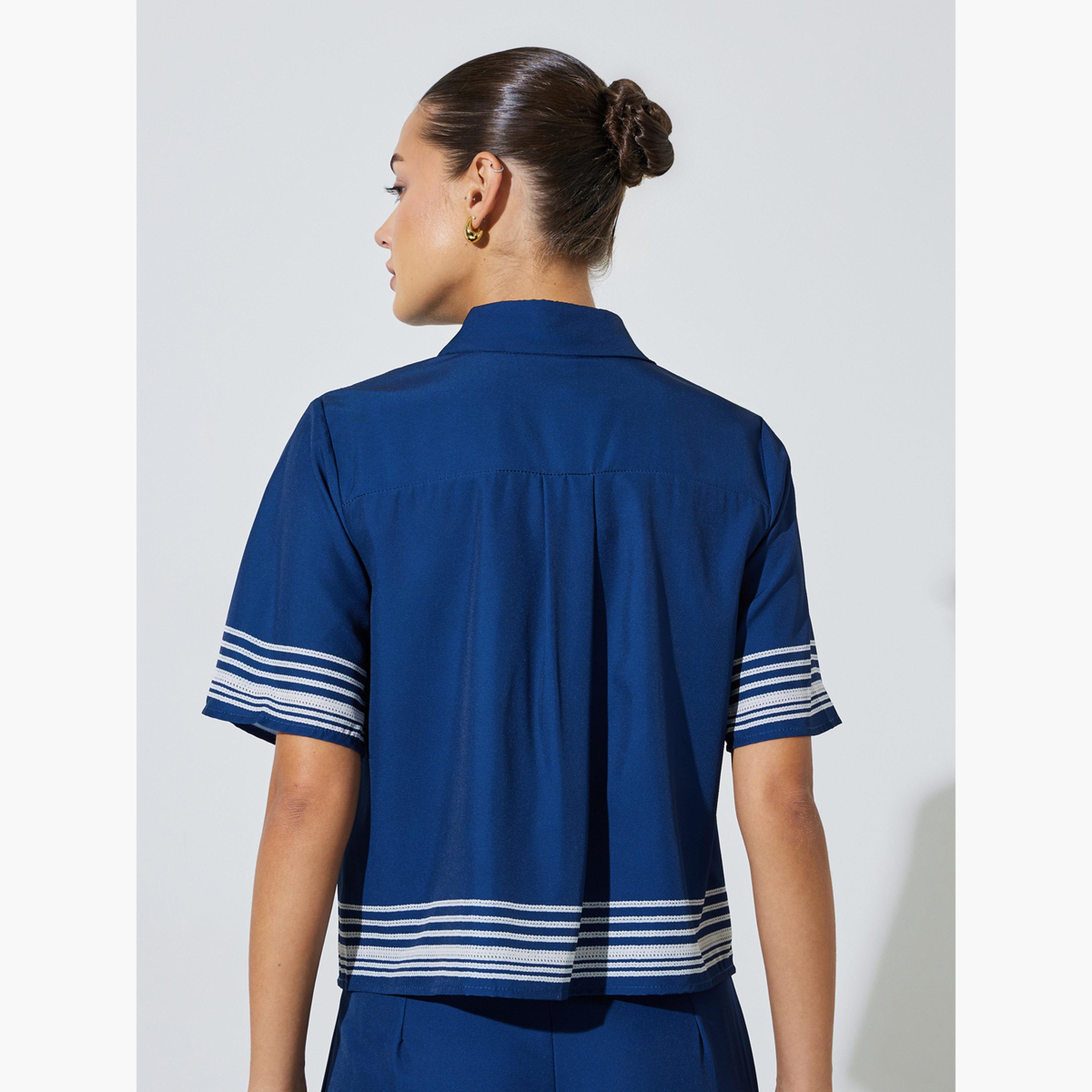 Styli Navy Blue Short Sleeve Contrast Striped Trims Crop Shirt-women-clothing-shirtsandblouses-shirts-image-3